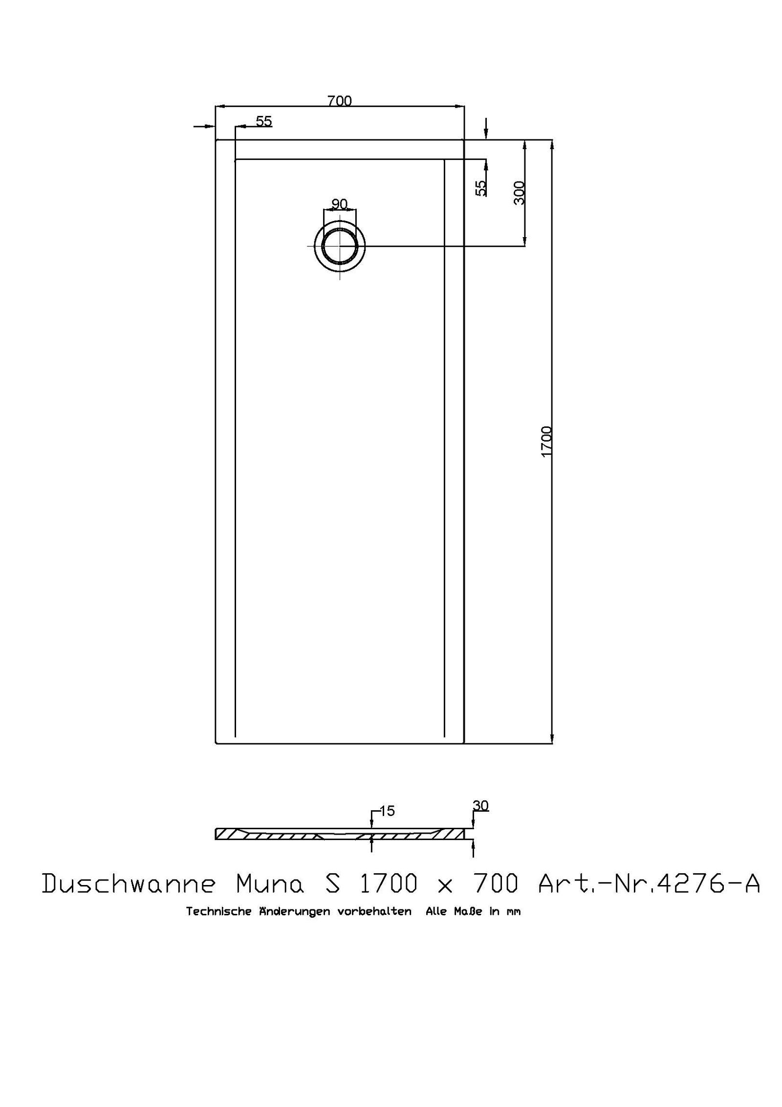Hoesch Mineralguss-Duschwanne Muna S 170 x 70 x 3 cm, Steingrau, ohne Antirutsch