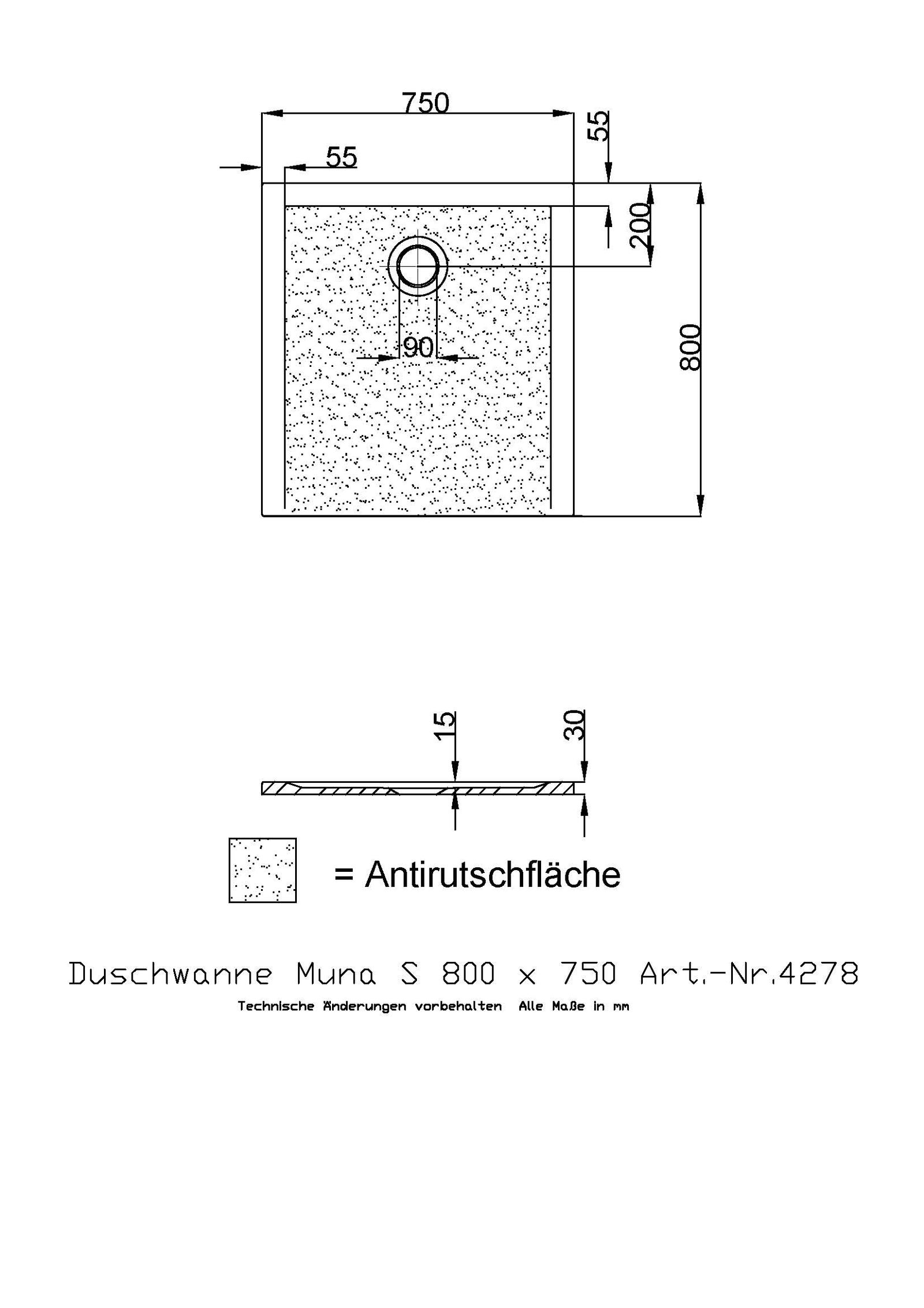 Hoesch Mineralguss-Duschwanne Muna S 80 x 75 x 3 cm, Steingrau, Antirutsch