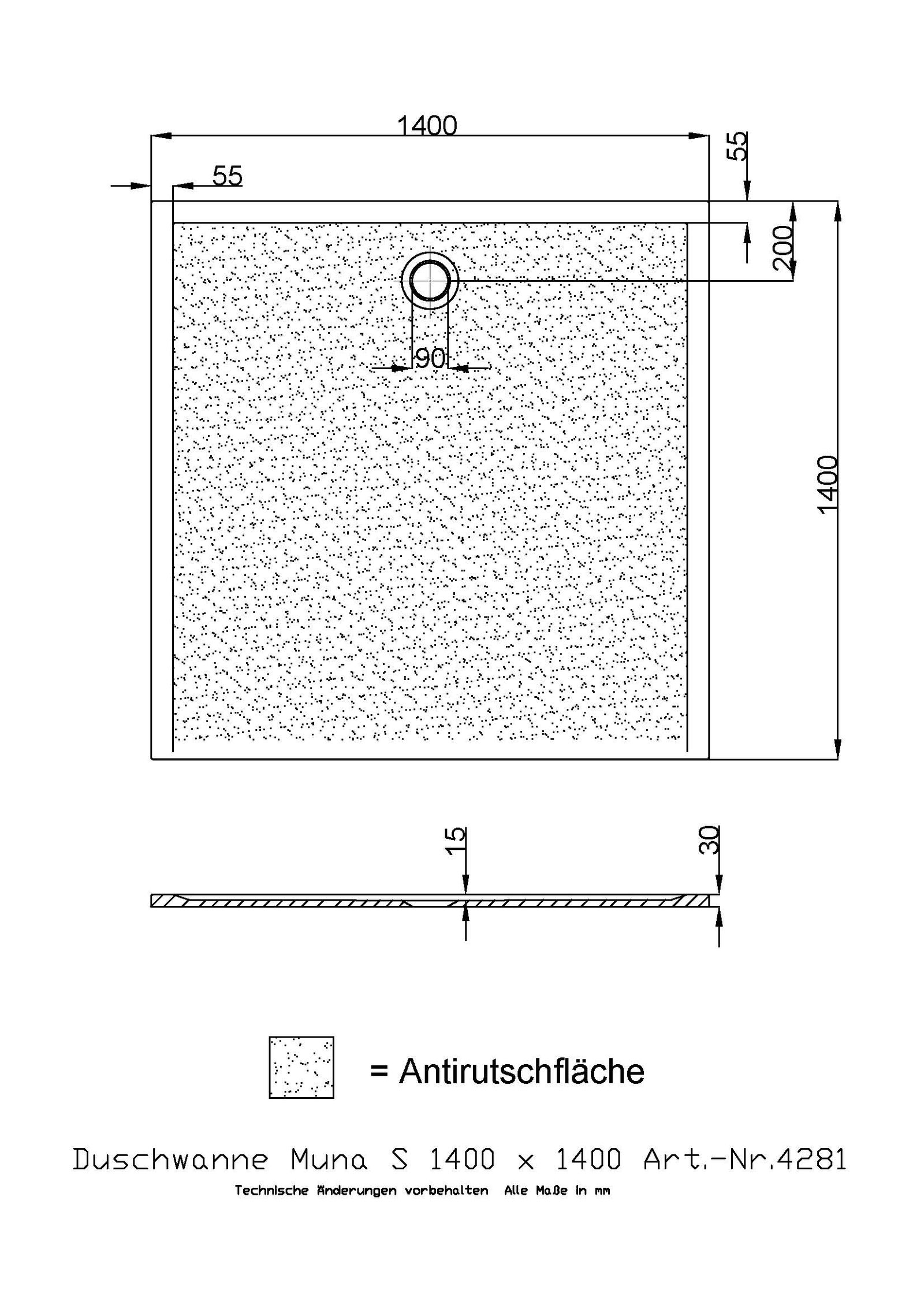 Hoesch Mineralguss-Duschwanne Muna 140 x 140 x 3 cm, weiß, Solique, Antirutsch