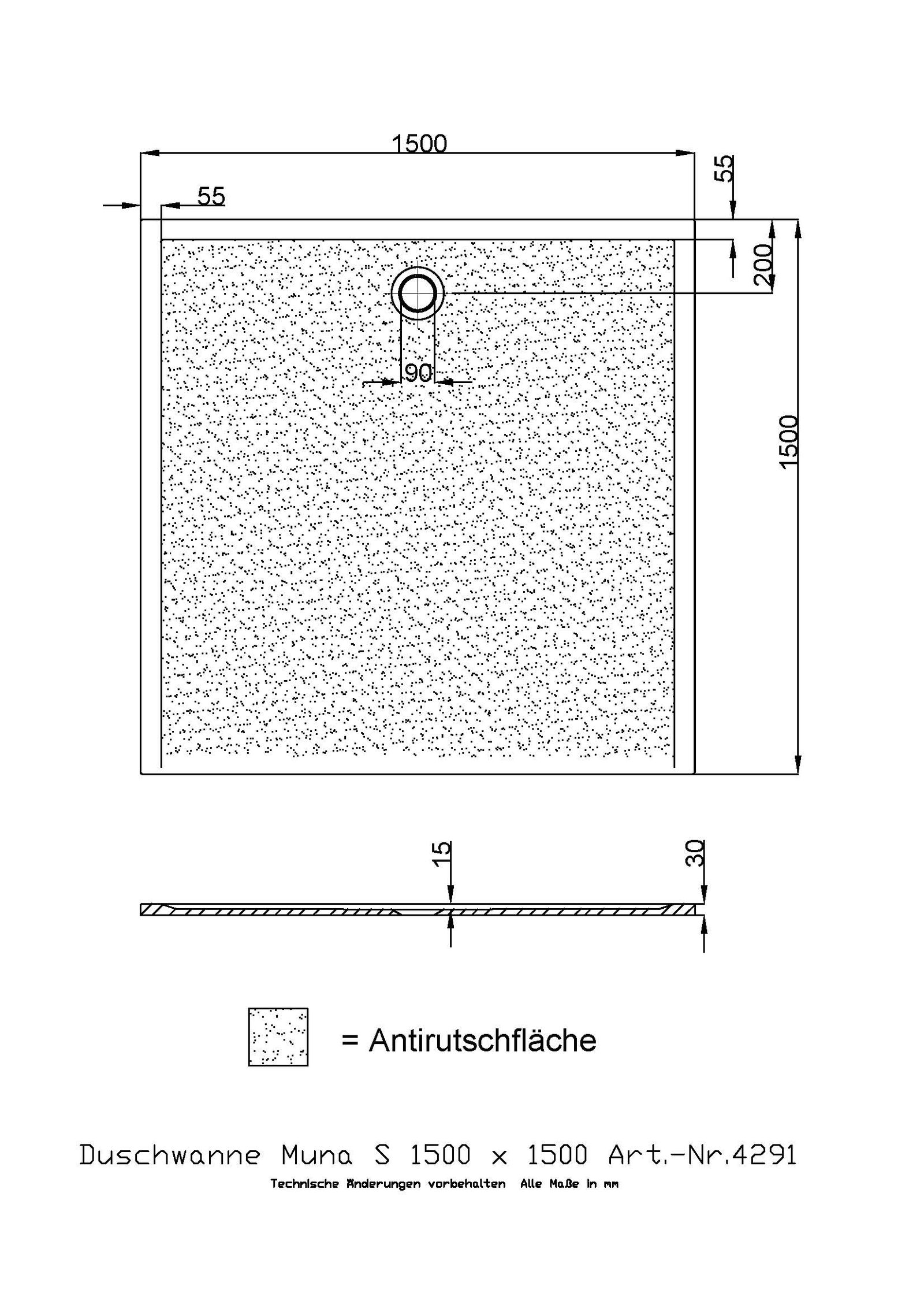 Hoesch Mineralguss-Duschwanne Muna 150 x 150 x 3 cm, weiß, Solique, Antirutsch