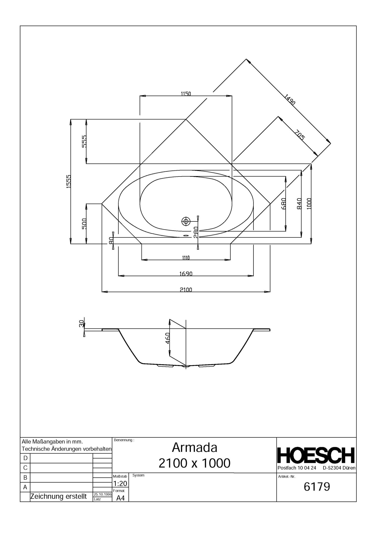 Hoesch 6-Eck-Badewanne Armada weiß, 210 x 100 cm, 240 l