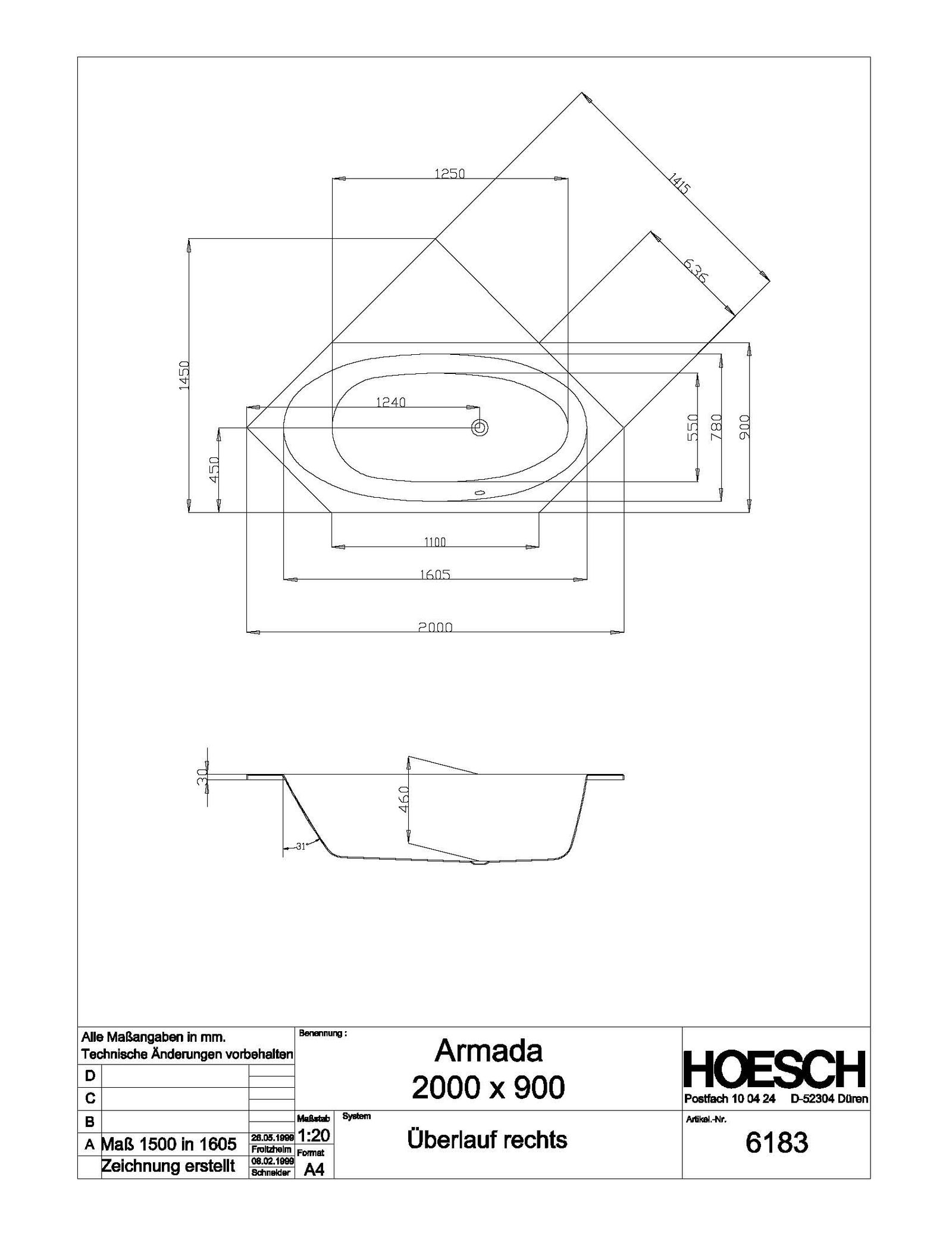 Hoesch 6-Eck-Badewanne Armada 200x90cm, Überlauf rechts, weiß