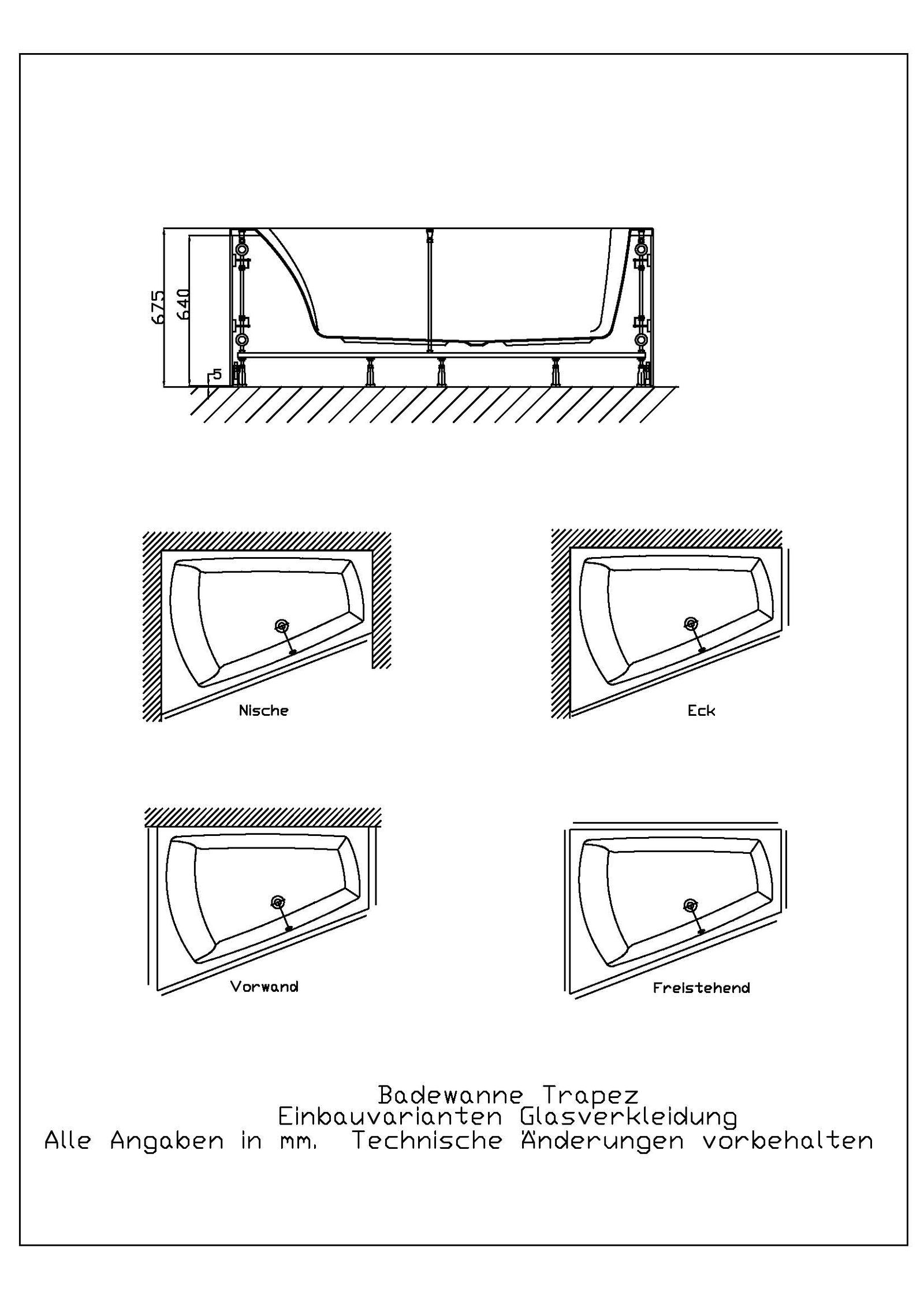 Hoesch Spezial-Untergestell Trapez, 180 x 140 cm, rechts, für Badewanne