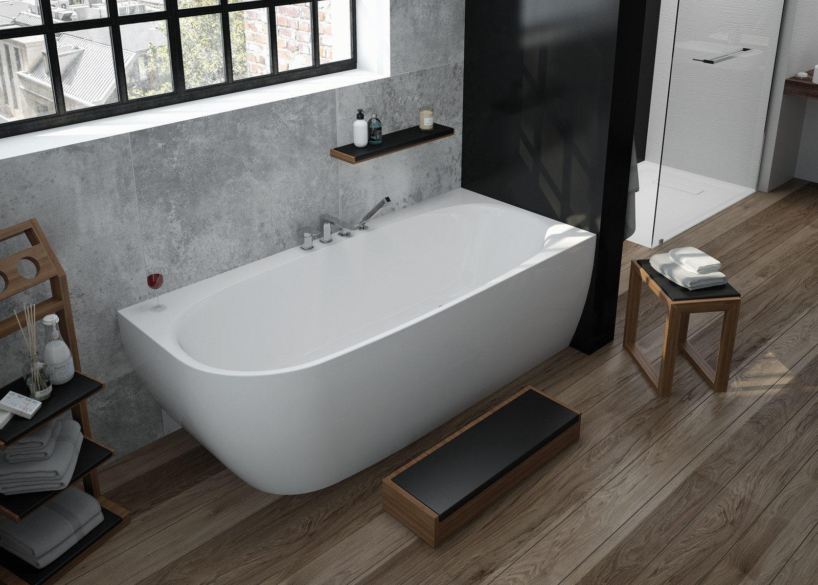 Hoesch Eck-Badewanne iSENSI 180x80cm, rechts, Überlaufschlitz und Klick/Klack, weiß