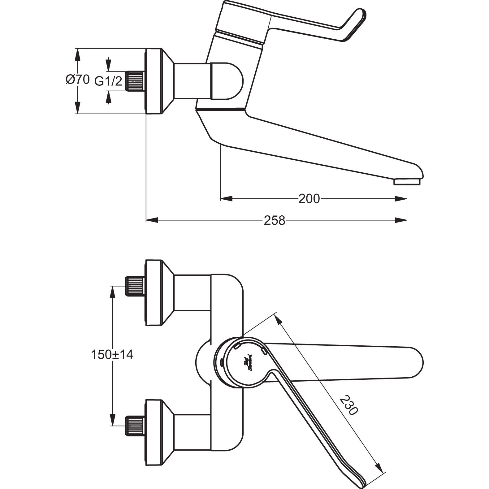 Ideal-Standard Wand-Waschtischsicherheits-Einhebelmischer CeraPlus Ausladung 200 mm, AP, absperrbare S-Anschlüsse, verchromt