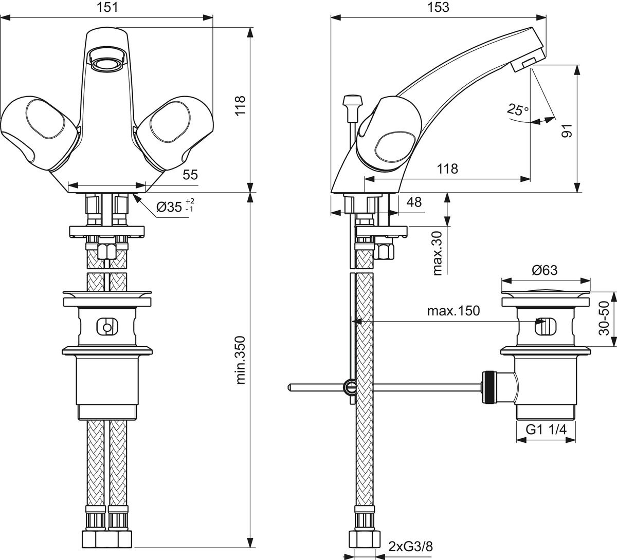 Ideal-Standard Waschtisch-Zweigriff-Armatur Alpha mit Ablaufgarnitur, Ausladung 120mm, verchromt