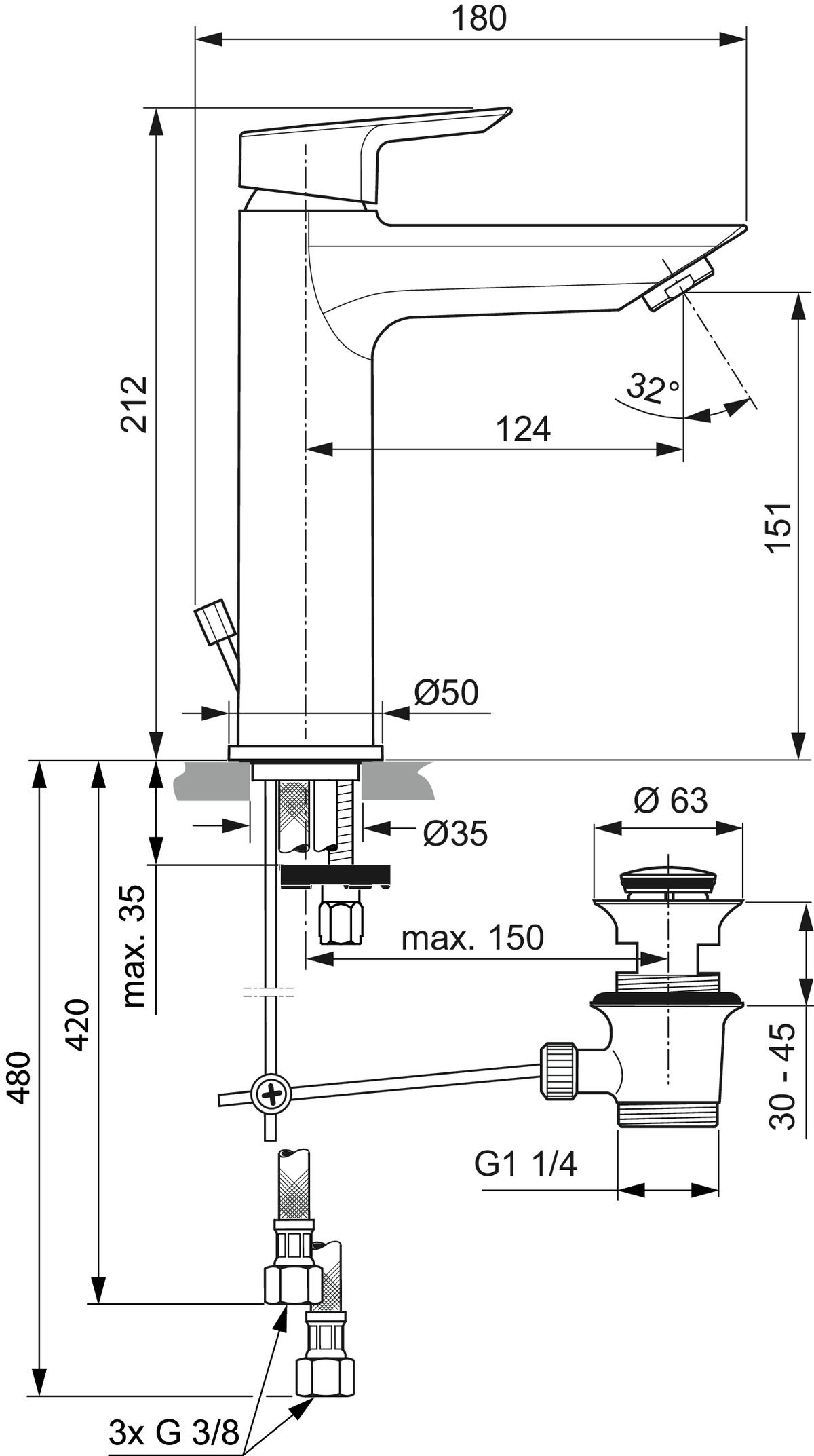 Ideal-Standard Waschtisch-Einhebelmischer Tesi Grande Ausladung 123mm, verchromt, Niederdruck, mit Metall-Ablaufgarnitur