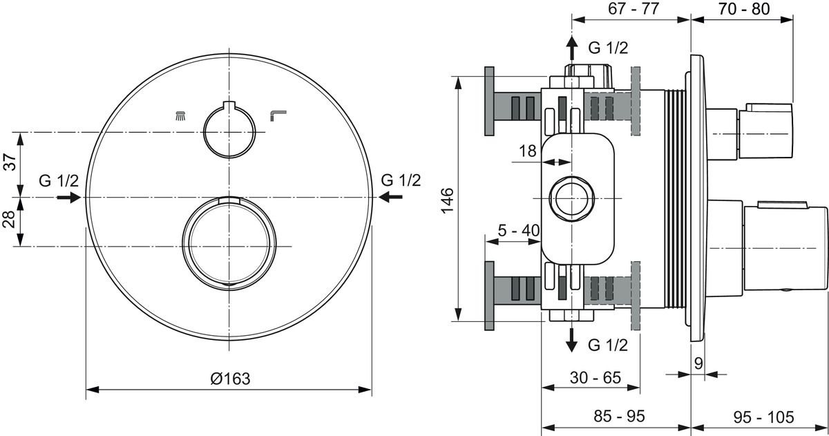 Ideal-Standard Fertigmontageset Ceratherm T 100 für UP-Badethermostat, Bausatz 2, eigensicher, magnetic grey