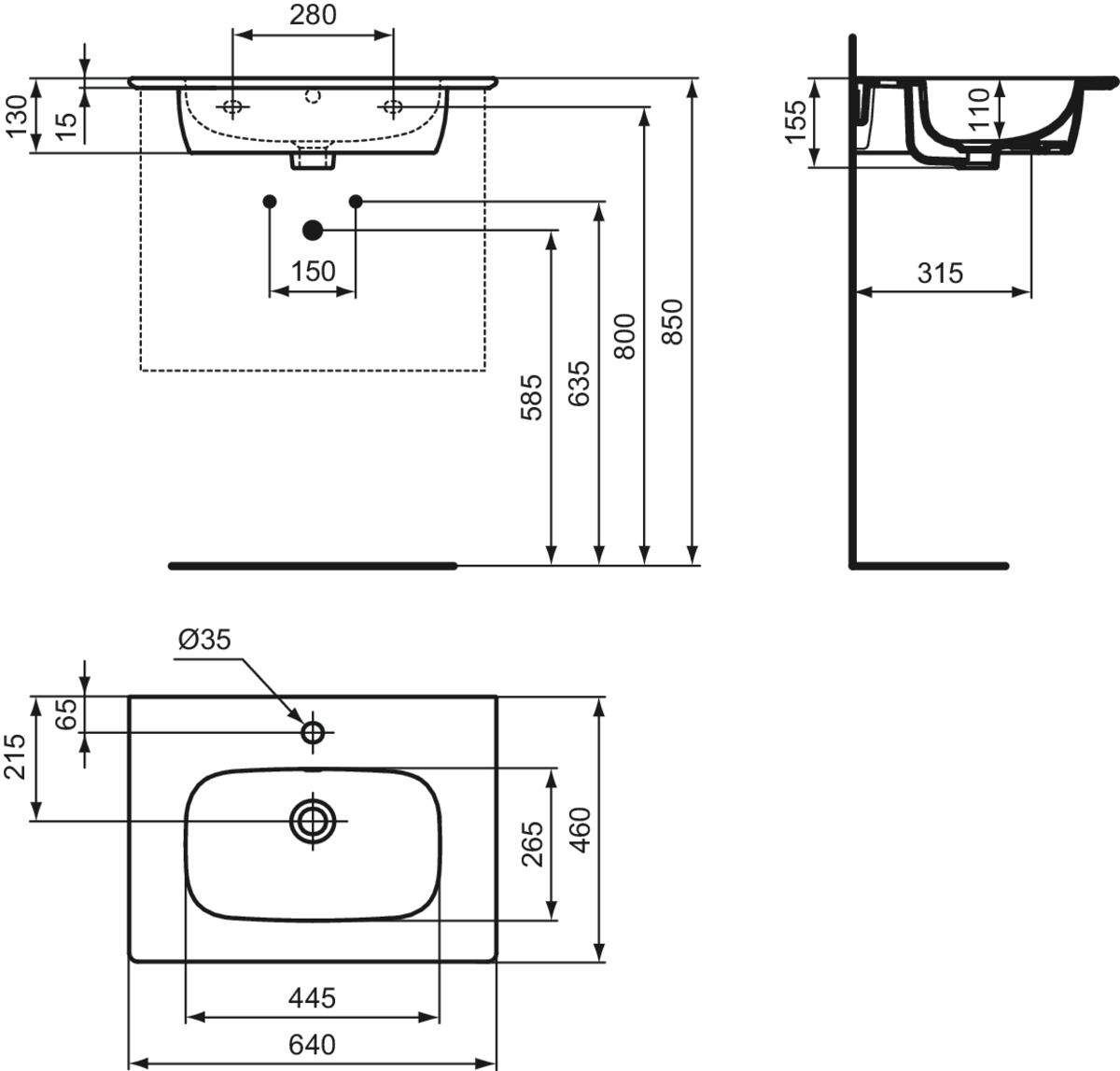 Ideal-Standard Möbelwaschtisch-Paket i.life A 64x46x64,5cm, 1 Hahnloch, Griff Chrom gebürstet, Eiche natur
