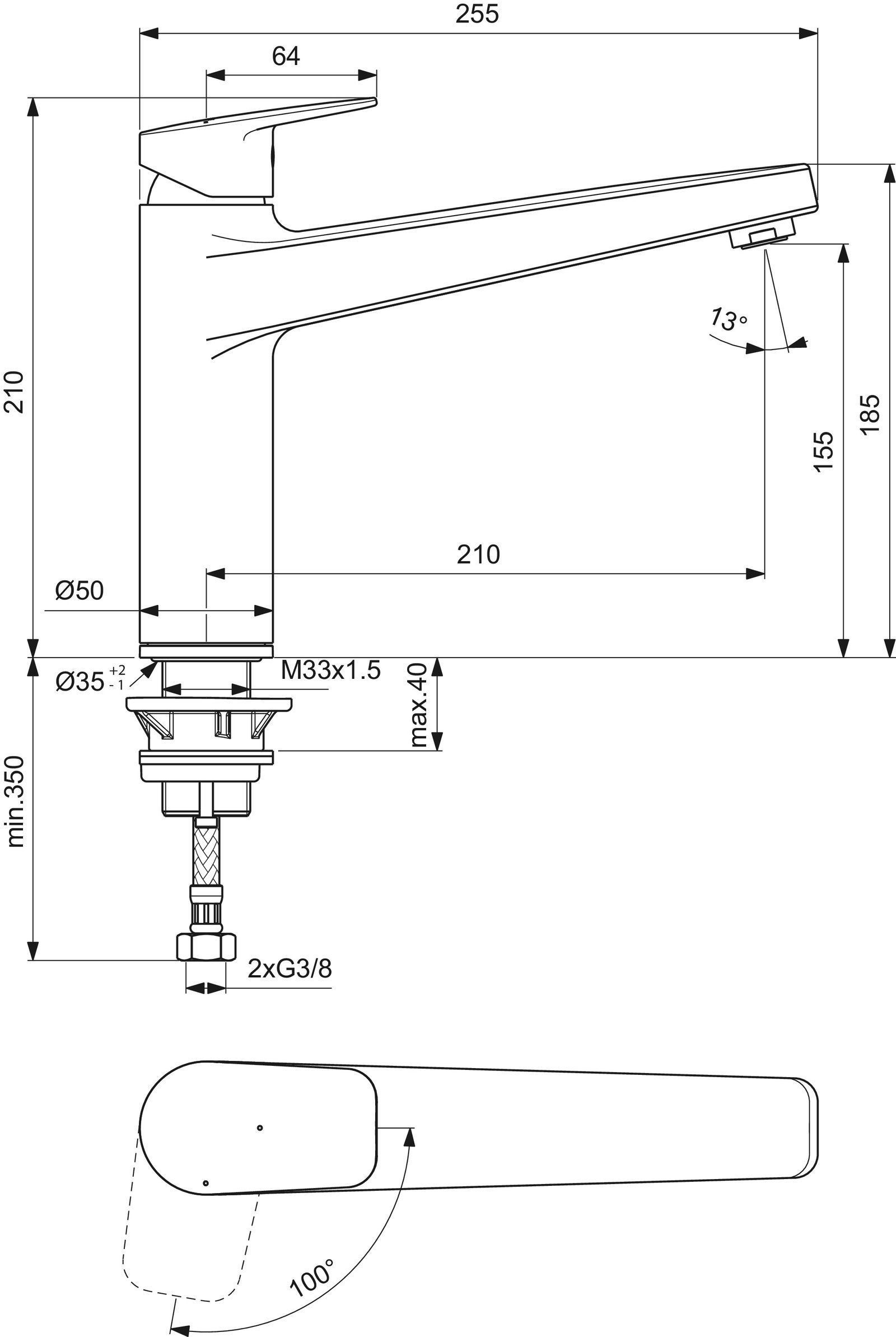 Ideal-Standard Spültisch-Einhebelmischer CeraPlan Ausladung 210mm, verchromt, hoch angesetzter Auslauf, BlueStart
