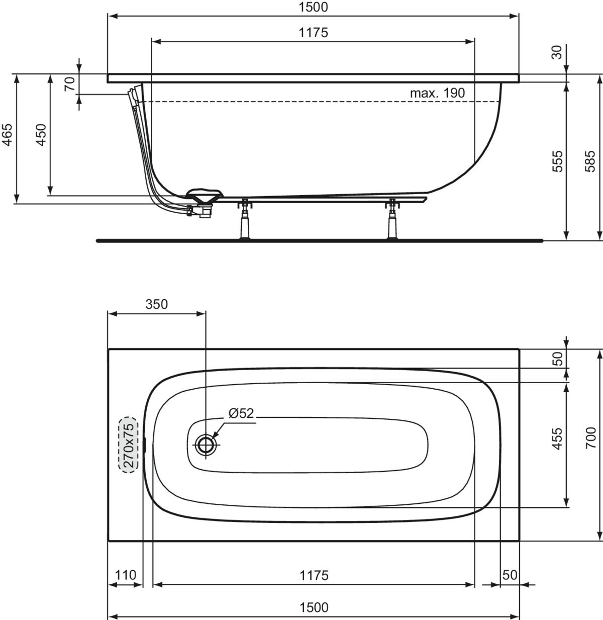 Ideal-Standard Körperform-Badewanne i.life 150 x 70 x 45 cm, weiß