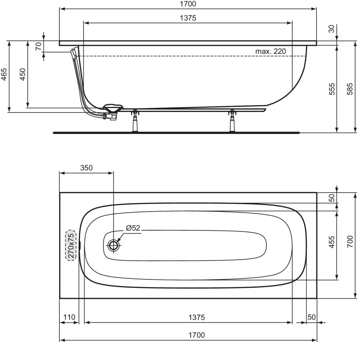 Ideal-Standard Körperform-Badewanne i.life 170 x 70 x 45 cm, weiß