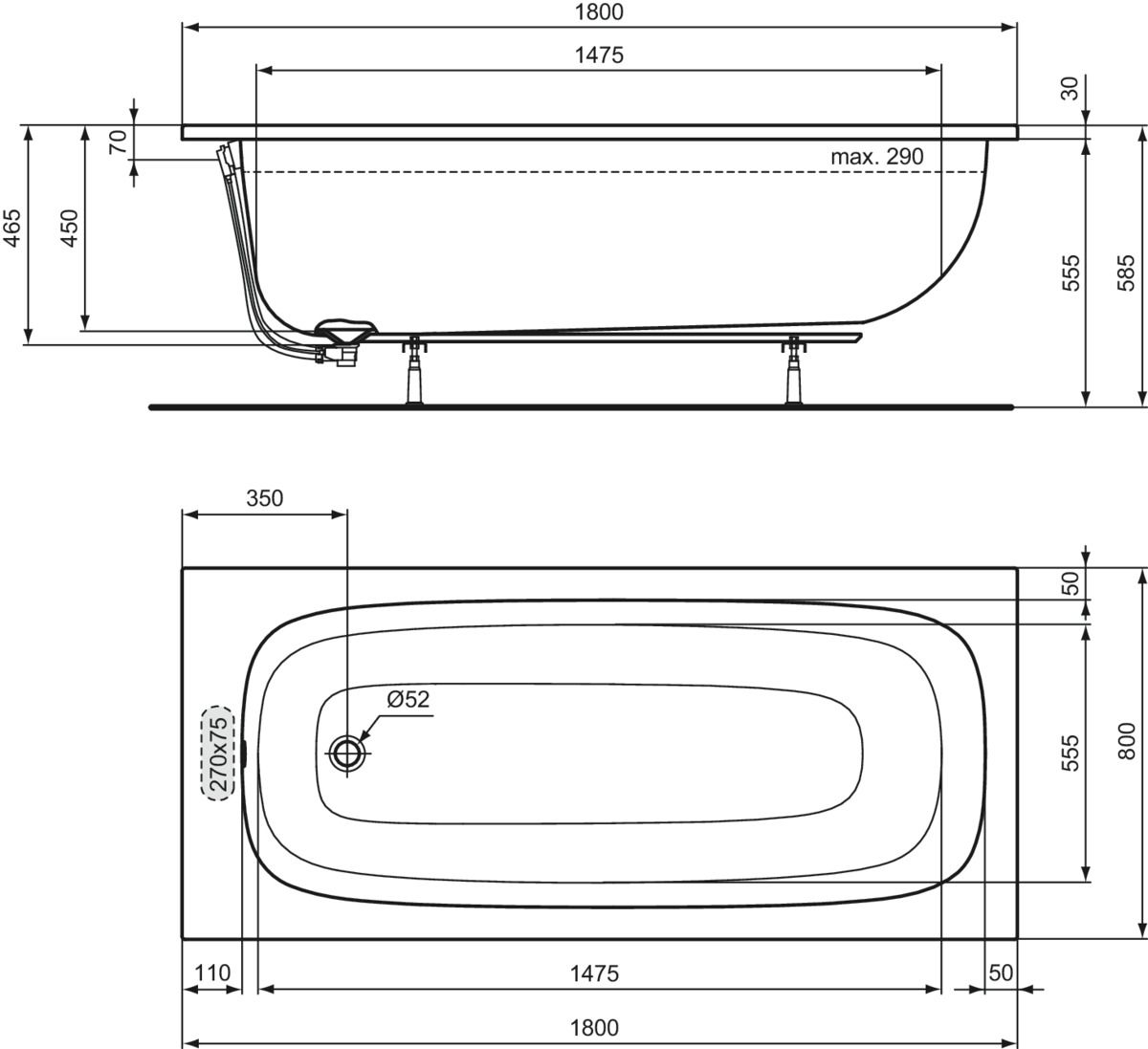 Ideal-Standard Körperform-Badewanne i.life 180 x 80 x 45 cm, weiß
