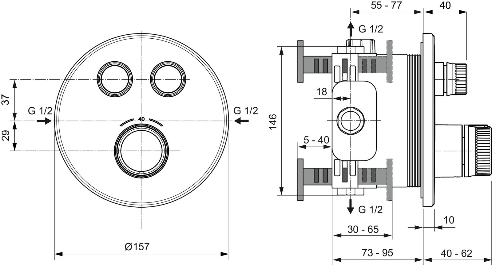 Ideal-Standard Fertigmontageset CeraTherm Navigo rund, 2 Entnahmen, für UP-Brausethermostat, Chrom