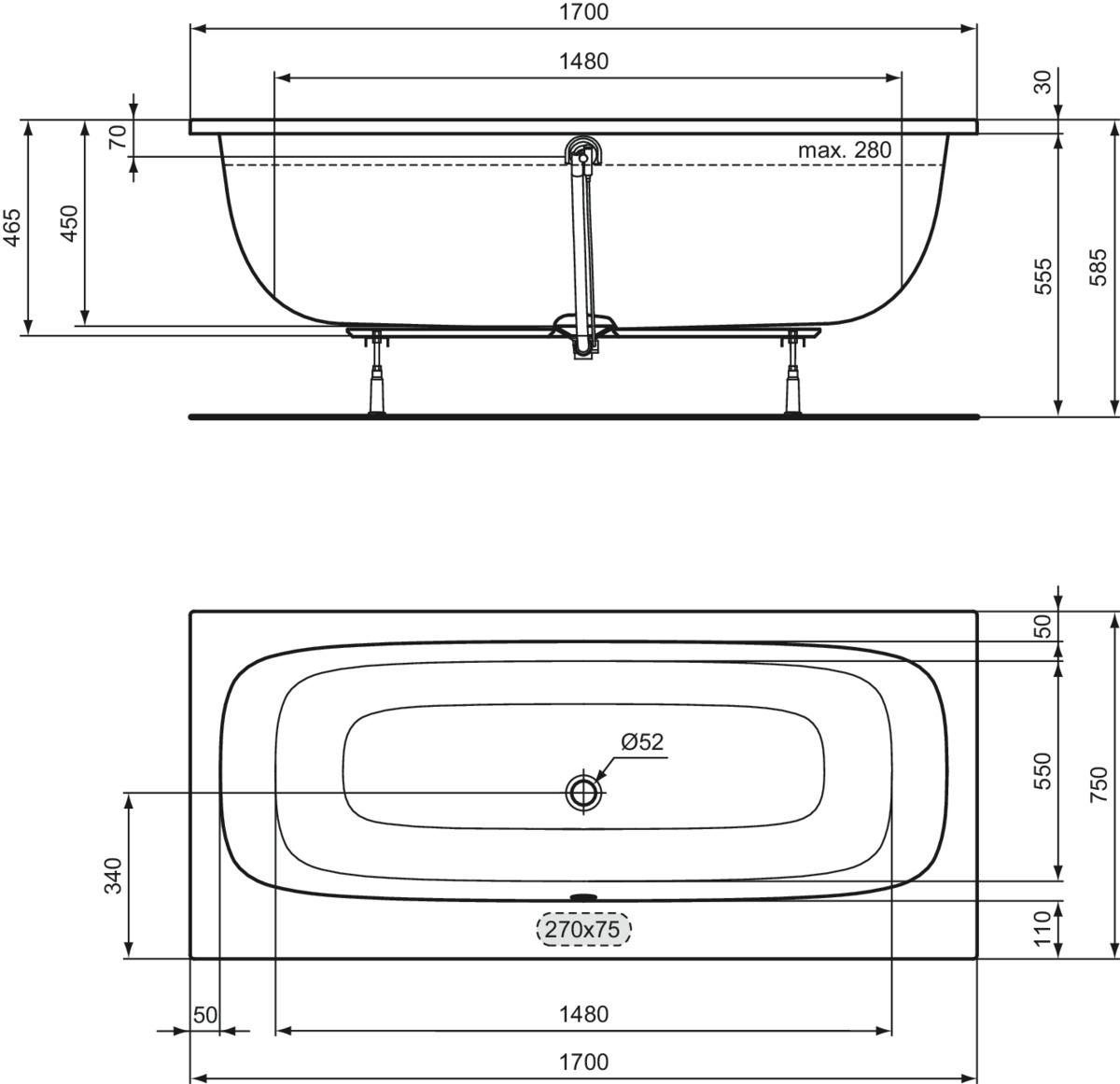 Ideal-Standard Duo-Badewanne i.life 170 x 75 x 45 cm, weiß