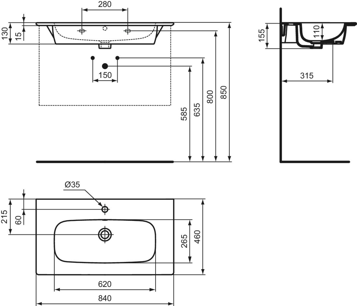 Ideal-Standard Möbelwaschtisch-Paket i.life A 84x46x64,5cm, 1 Hahnloch, Griff schwarz matt, Eiche natur