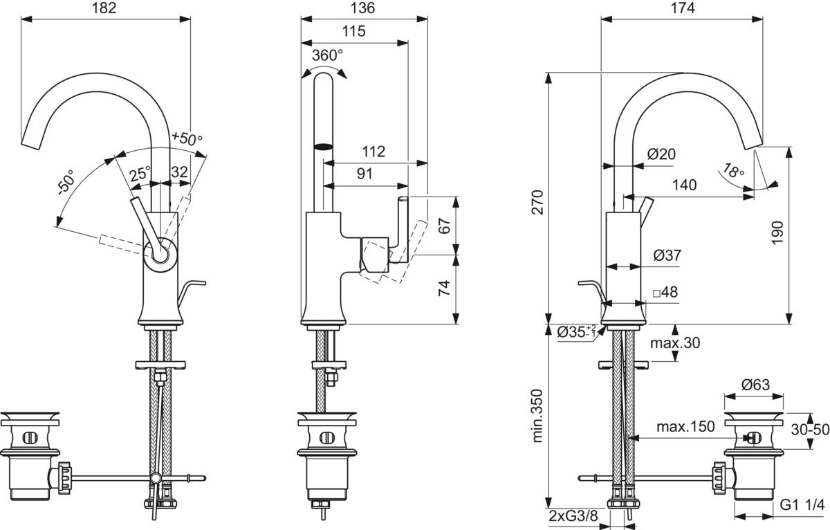 Ideal-Standard Waschtisch-Einhebelmischer Joy Neo Piccolo mit Ablaufgarnitur, Ausladung 140mm, mit Metall-Ablaufgarnitur, chrom