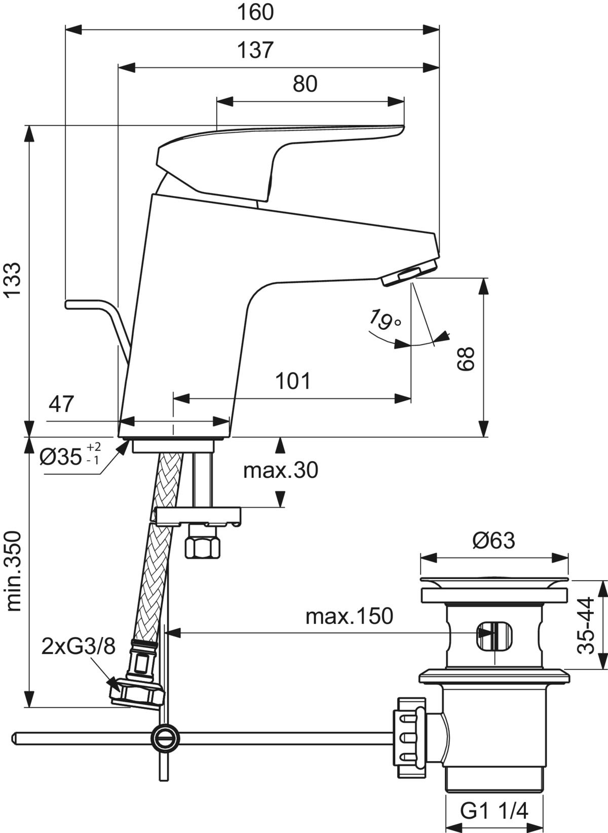 Ideal-Standard Waschtisch-Einhebelmischer CeraFlex mit Kunststoff-Ablaufgarnitur, Ausladung 101mm, chrom