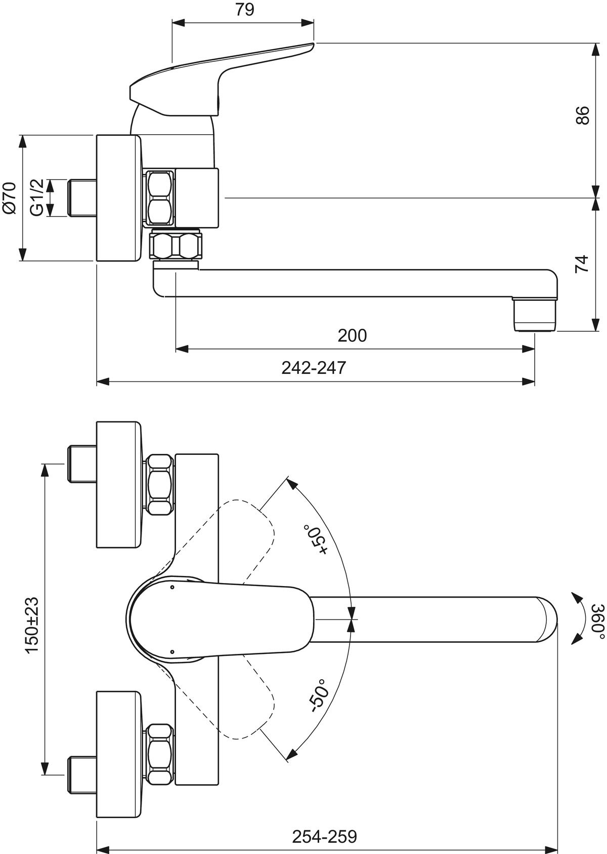 Ideal-Standard Wand-Spültisch-Einhebelmischer CeraFlex schwenkbarer Rohrauslauf, Ausladung 200mm, verchromt