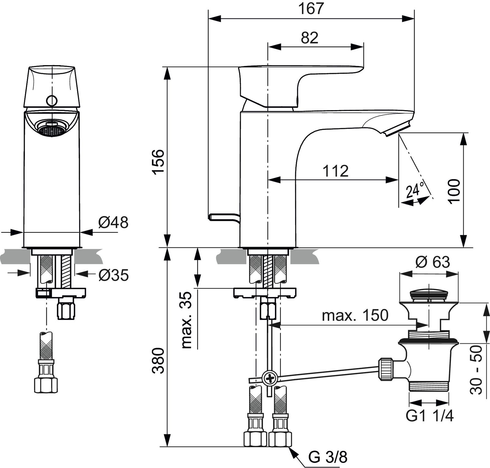 Ideal-Standard Waschtisch-Einhebelmischer Connect Air 5 l/min, Ausladung 112mm, mit Ablaufgarnitur, verchromt