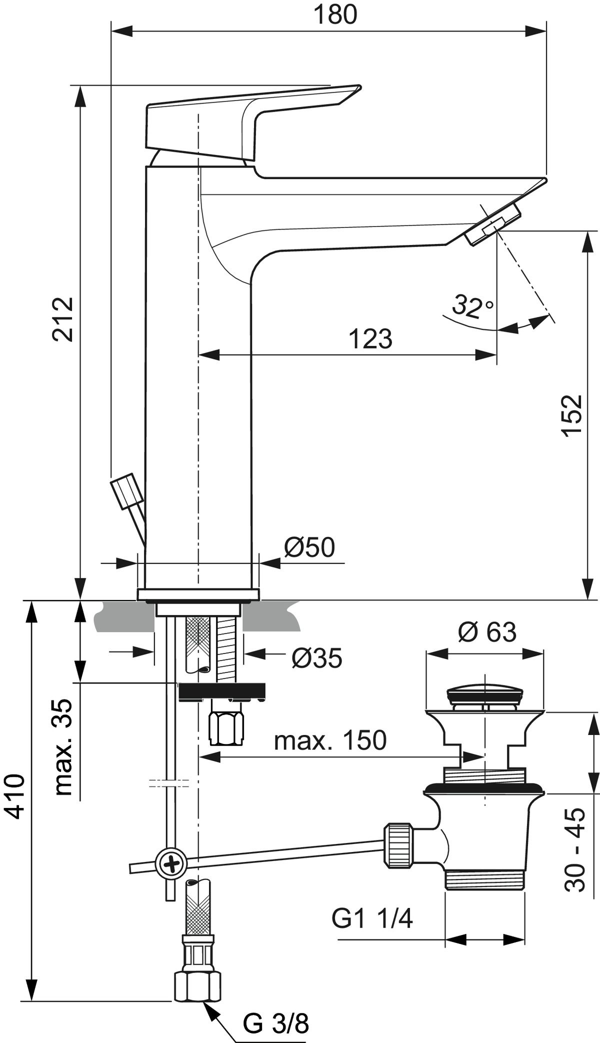 Ideal-Standard Waschtisch-Einhebelmischer Tesi Grande Ausladung 123mm, verchromt, mit Metall-Ablaufgarnitur