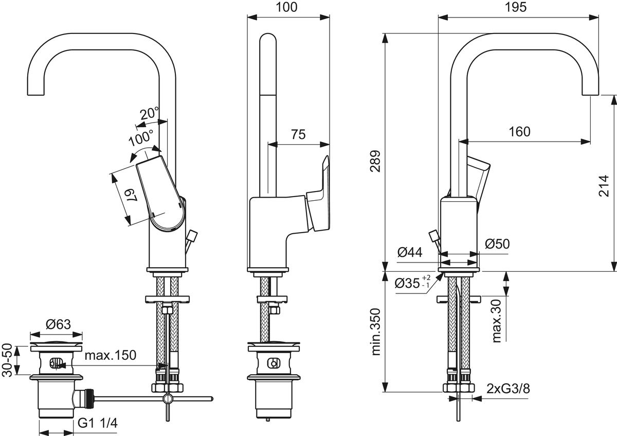 Ideal-Standard Waschtisch-Einhebelmischer Tesi mit hohem Auslauf, mit Ablaufgarnitur, verchromt