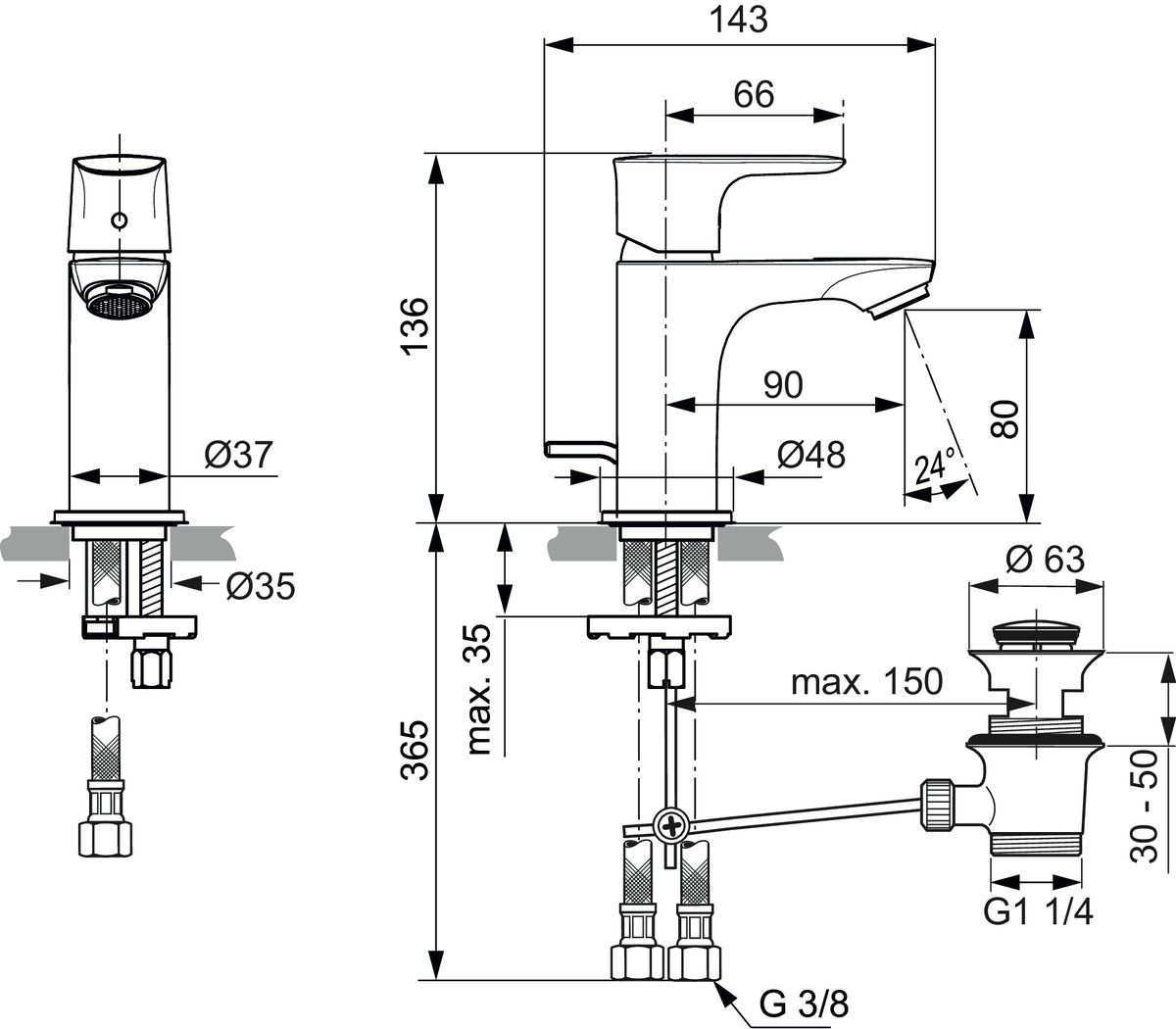 Ideal-Standard Waschtisch-Einhebelmischer Connect Air Piccolo 5 l/min, Ausladung 90mm, mit Ablaufgarnitur, verchromt
