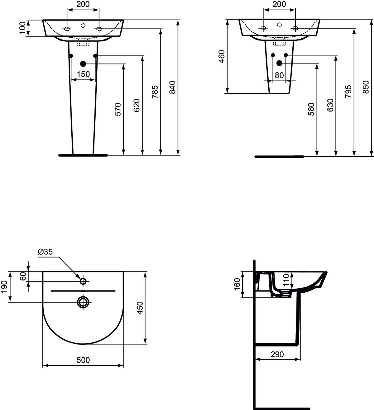 Ideal-Standard Waschtisch Connect Air 50x45x16cm, mit Hahnloch und Überlauf, weiß