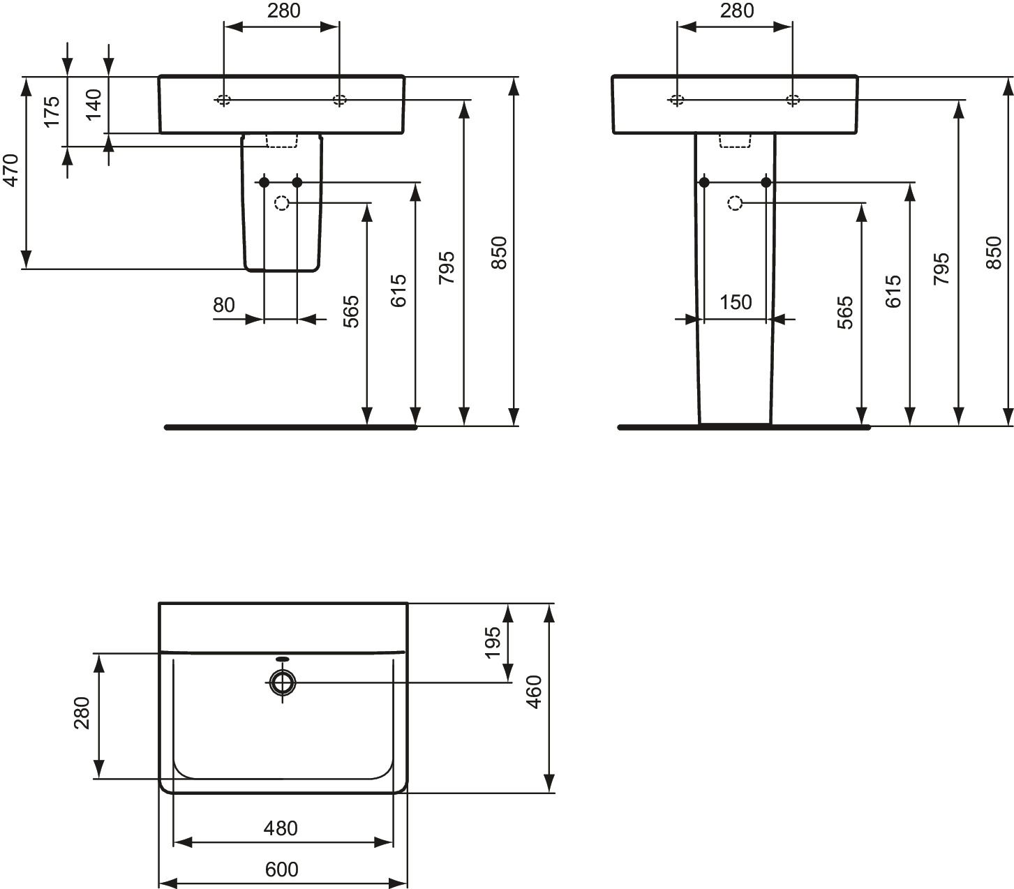 Ideal-Standard Waschtisch Connect Cube ohne Hahnloch, mit Überlauf, 60 x 46 cm, weiß