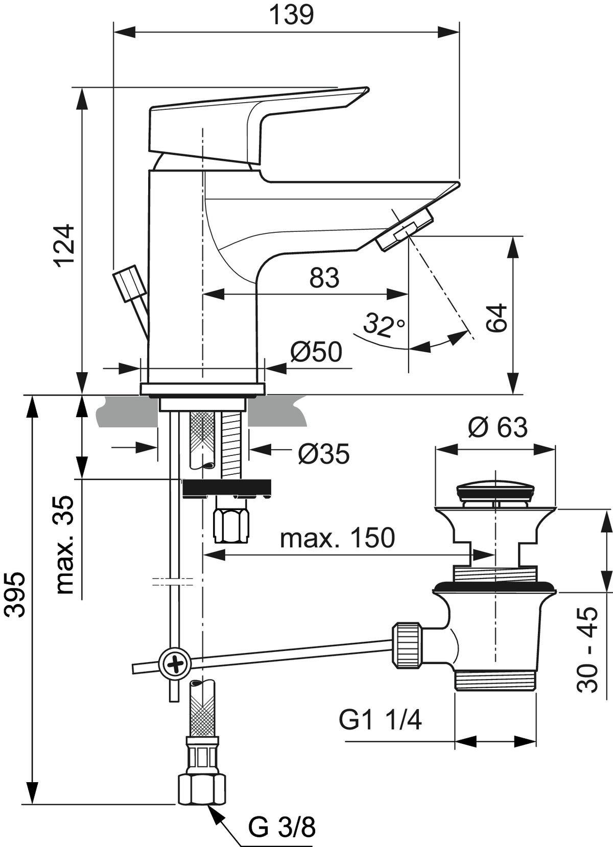 Ideal-Standard Waschtisch-Einhebelmischer Tesi Piccolo Ausladung 83mm, verchromt, mit Metall-Ablaufgarnitur