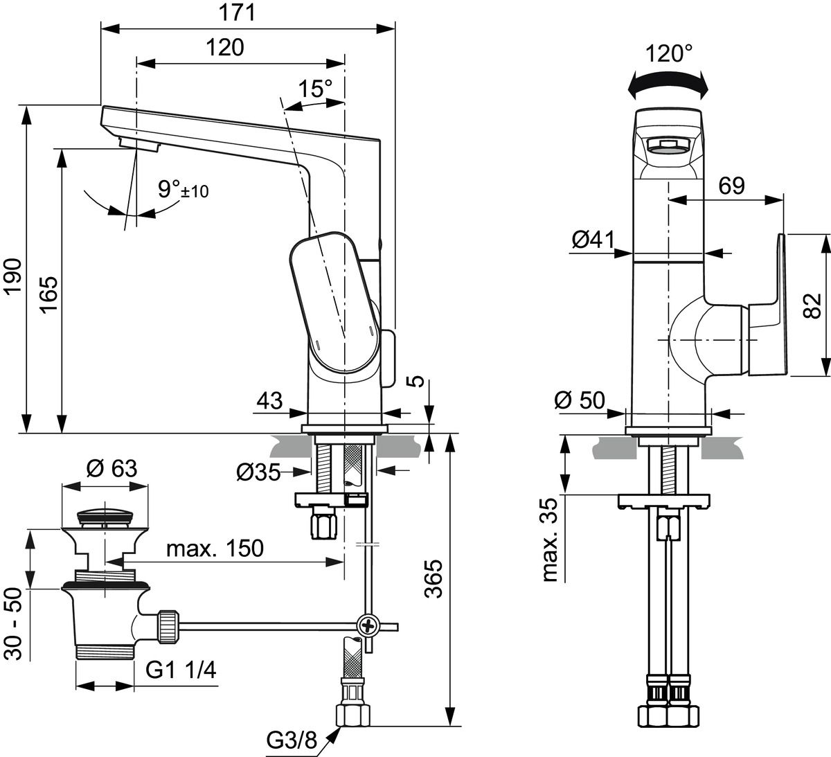 Ideal-Standard Waschtisch-Einhebelmischer Tonic II mit hohem, schwenkbarem Schwenkauslauf, mit Metall-Ablaufgarnitur