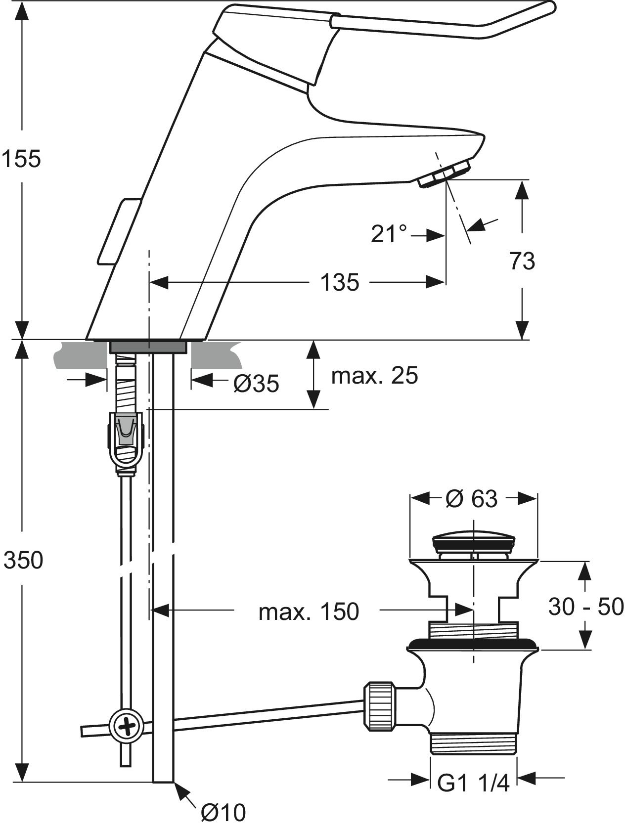 Ideal-Standard Waschtisch-Einhebelmischer CeraMix Blue Bügelhebel, Cu-Rohr, mit Metall-Ablaufgarnitur, chrom