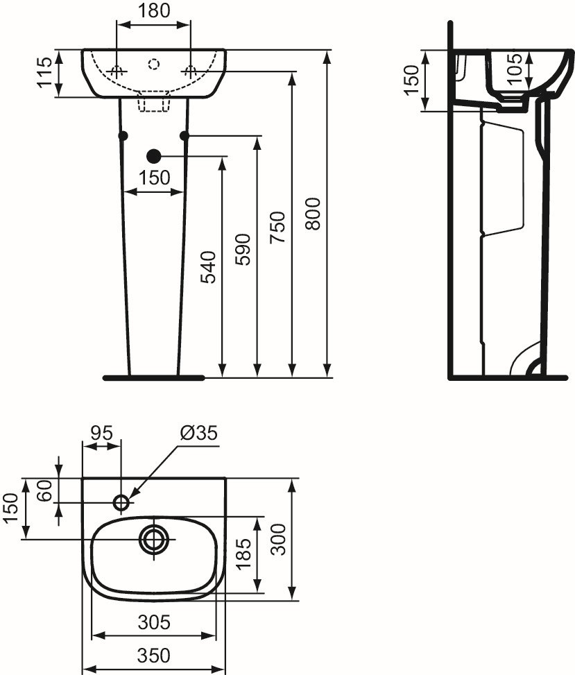 Ideal-Standard Handwaschbecken i.life A 35x30x15cm, mit Hahnloch/Überlauf, Hahnbank links, weiß