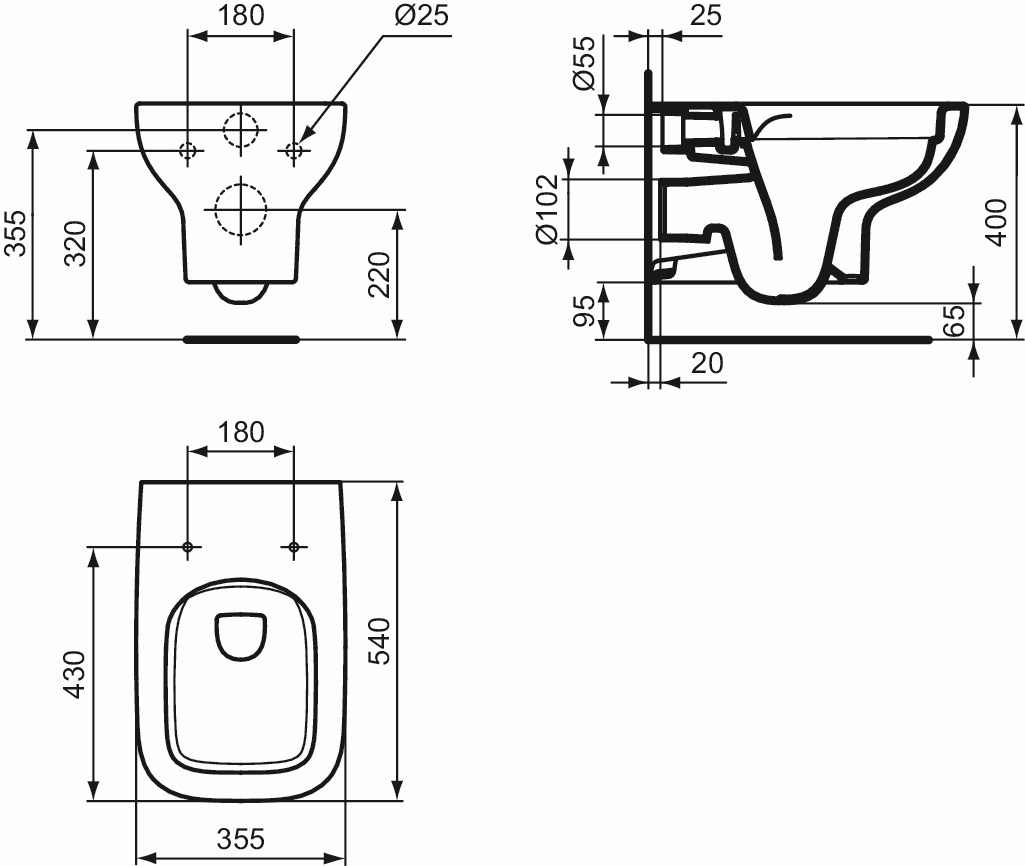 Ideal-Standard Wand-WC i.life A 35,5x54x33,5cm, ohne Spülrand, weiß