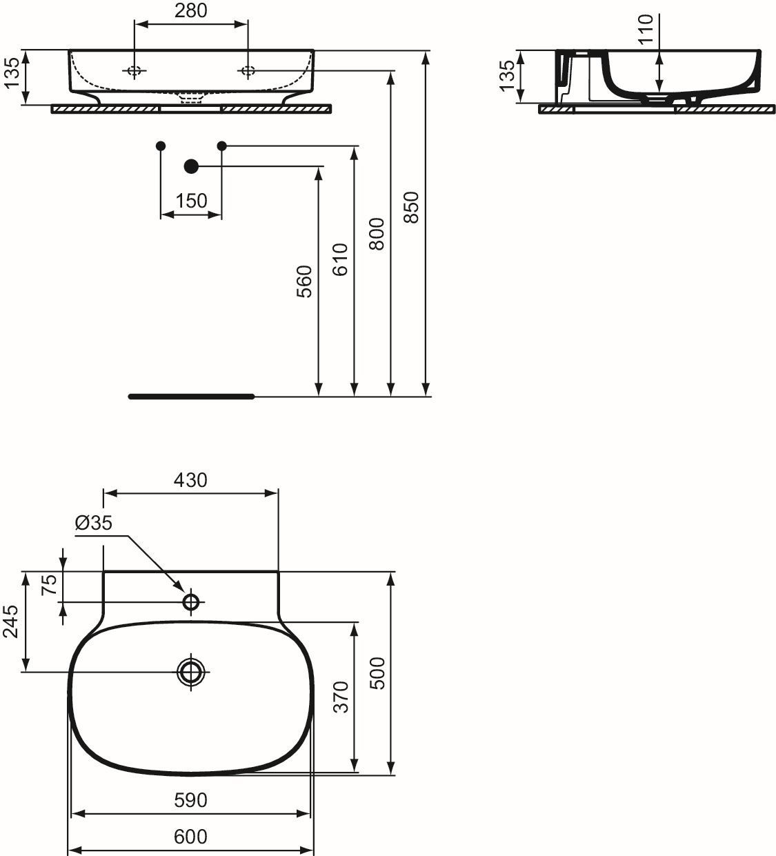 Ideal-Standard Waschtisch Linda-X 1 Hahnloch, ohne Überlauf, 60x50x13,5cm, geschliffen, weiß Ideal Plus
