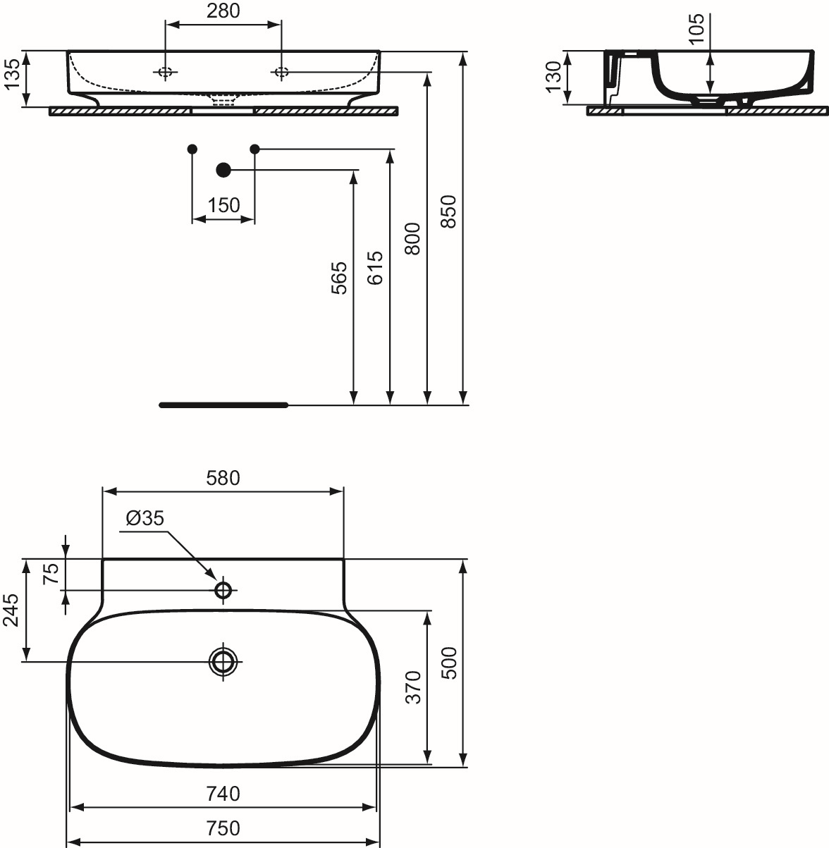 Ideal-Standard Waschtisch Linda-X 1 Hahnloch, ohne Überlauf, 75x50x13,5cm, weiß Ideal Plus