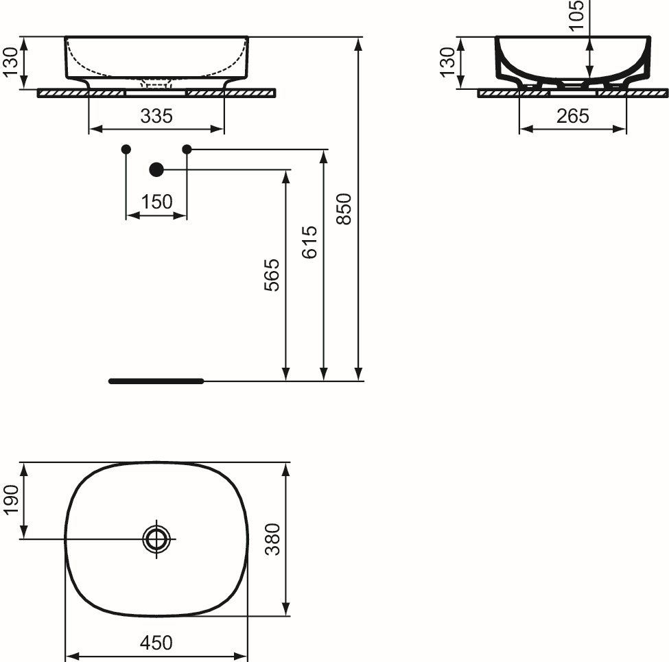 Ideal-Standard Waschtisch Linda-X 45x38x13cm, ohne Hahnloch/Überlauf, seidenweiß