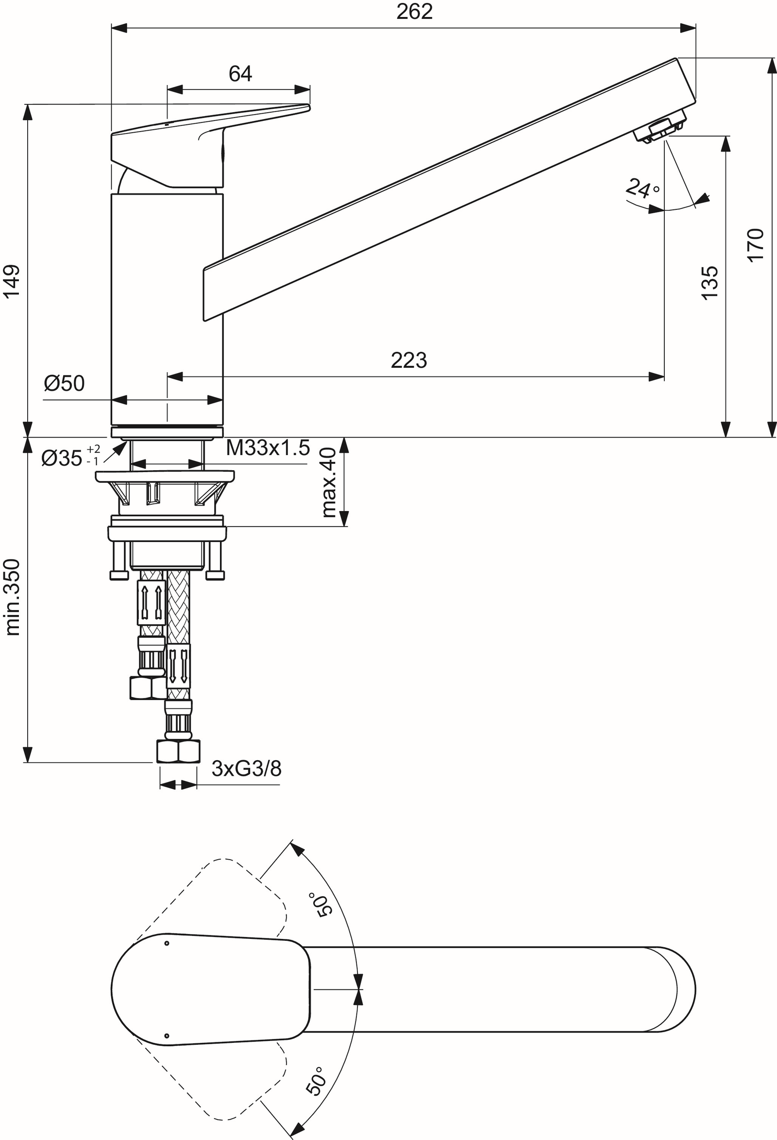Ideal-Standard Spültisch-Einhebelmischer CeraPlan Ausladung 223mm, Niederdruck, chrom