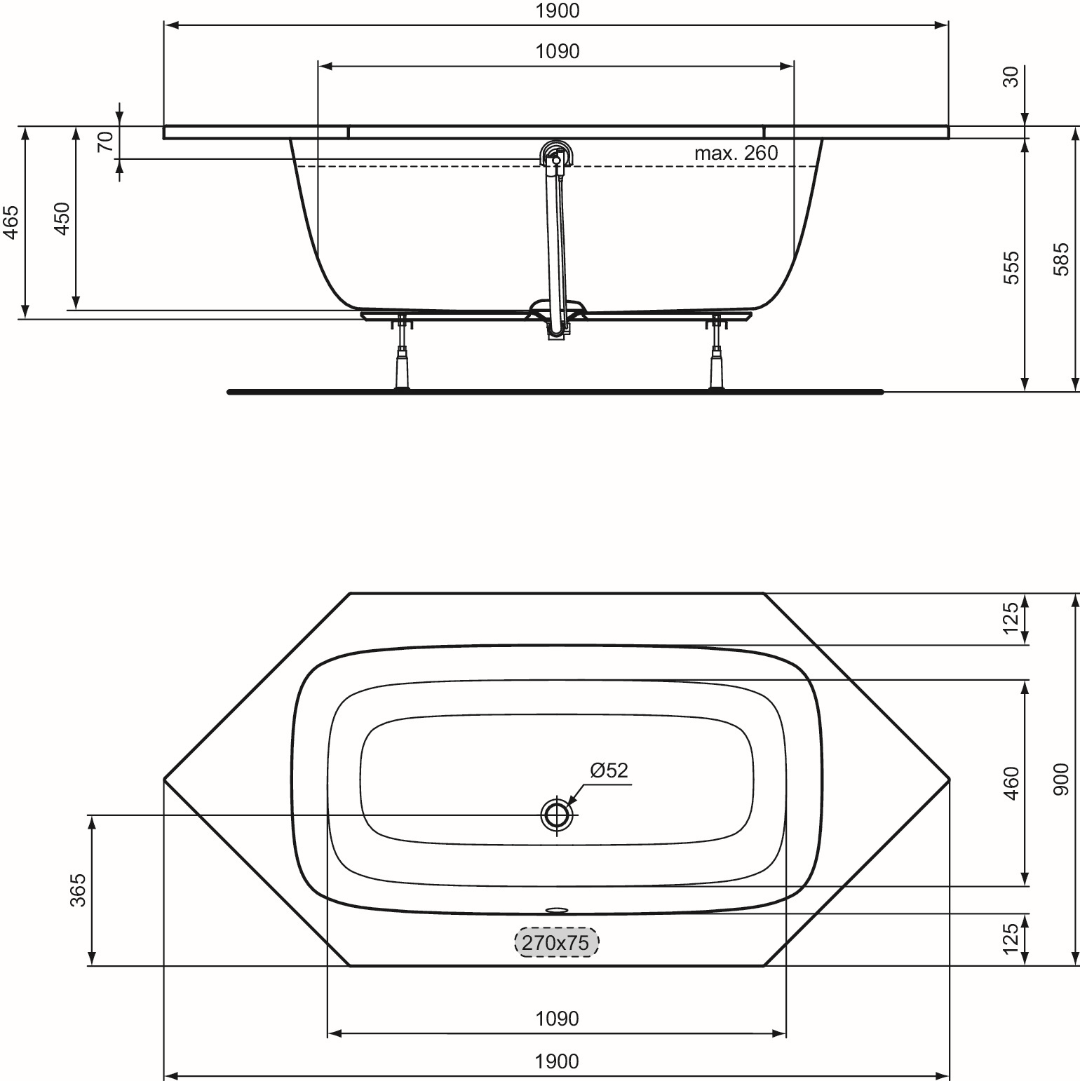 Ideal-Standard Sechseck-Badewanne i.life 190 x 90 x 45 cm, weiß