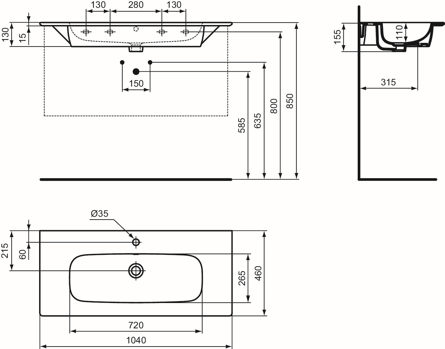 Ideal-Standard Möbelwaschtisch-Paket i.life A 104x46x64,5cm, 1 Hahnloch, Griff schwarz matt, greige matt