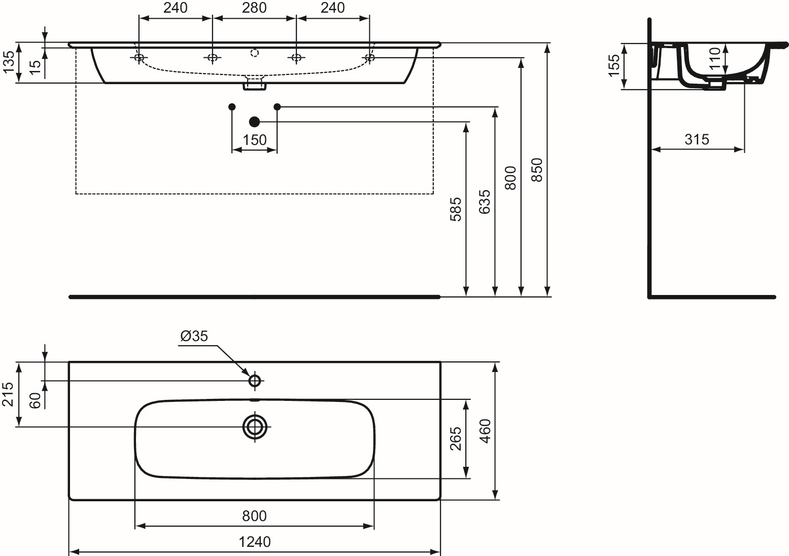 Ideal-Standard Möbelwaschtisch-Paket i.life A 124x46x64,5cm, 1 Hahnloch, Griff Chrom gebürstet, coffee oak