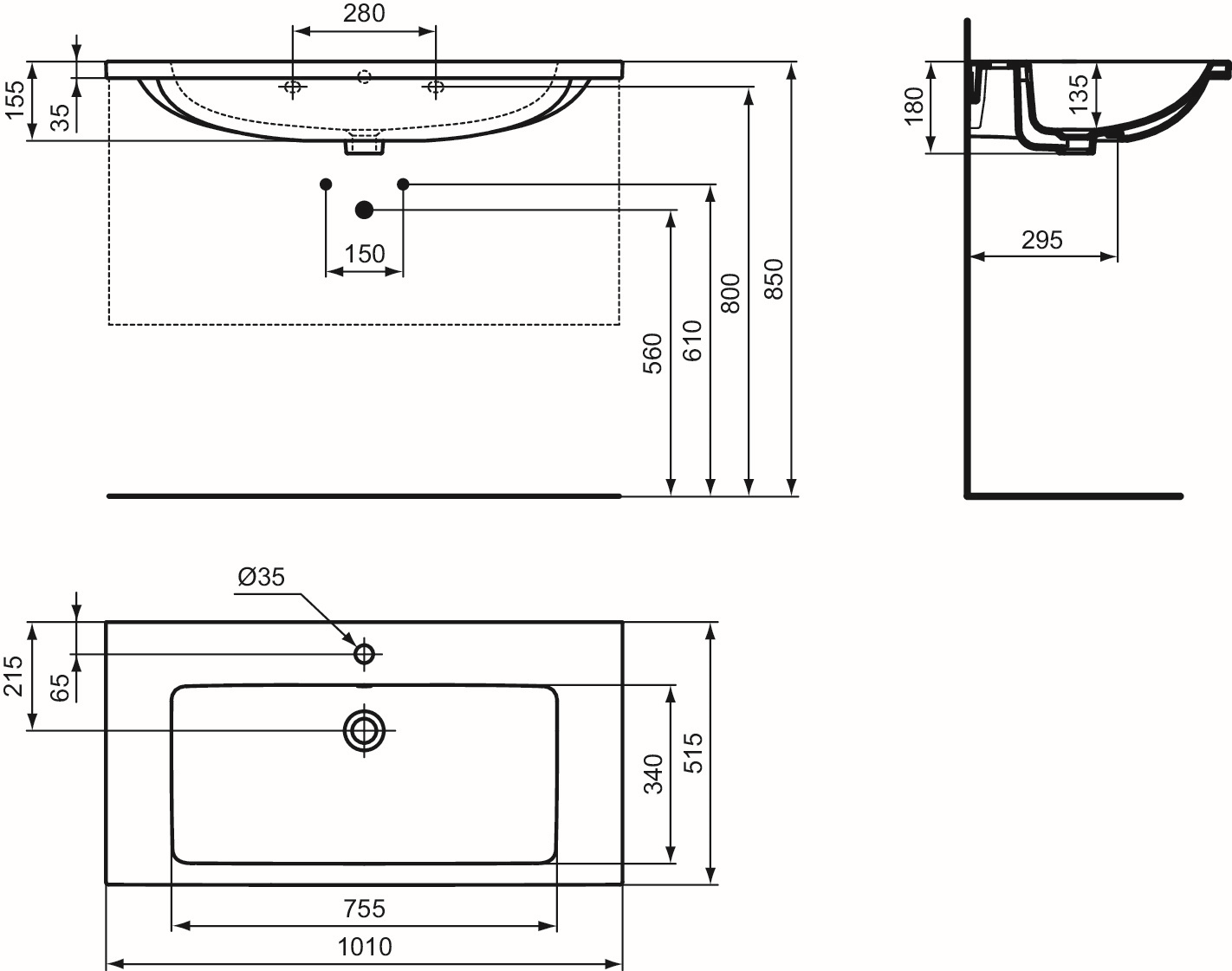 Ideal-Standard Möbel-Waschtisch i.life B 101x51,5x18cm, mit Hahnloch/Überlauf, weiß