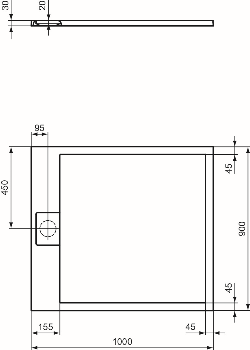 Ideal-Standard Rechteck-Brausewanne Ultra Flat S i.life 100 x 90 x 3 cm, Schiefer, Aufbauhöhe 30mm
