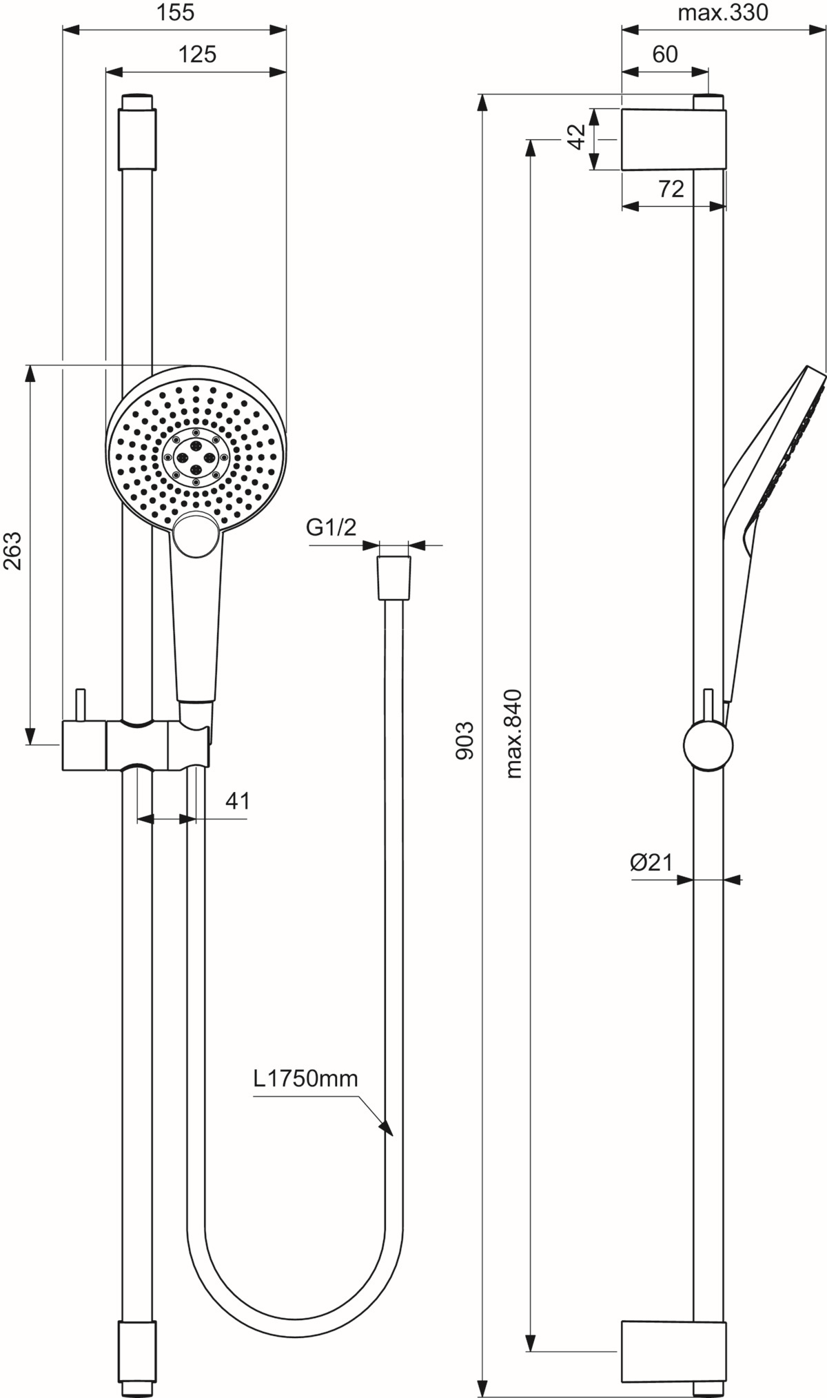 Ideal-Standard Brausekombination Idealrain Evo Jet 90 cm, 3-Funktionshandbrause, d=12,5cm, chrom