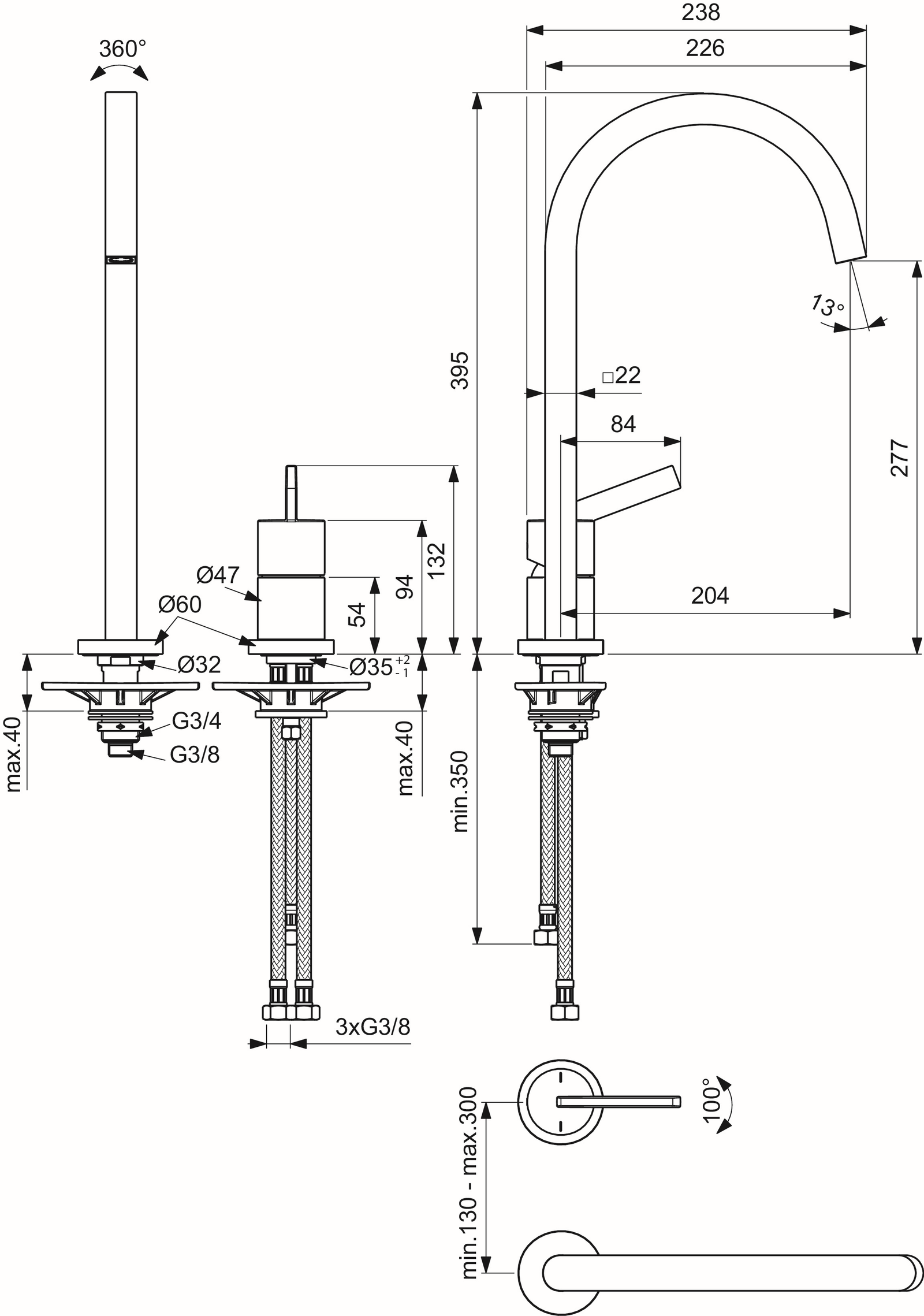 Ideal-Standard Küchen-2-Loch-Armatur Gusto quadratischer, hoher Auslauf, Ausladung 204mm, chrom