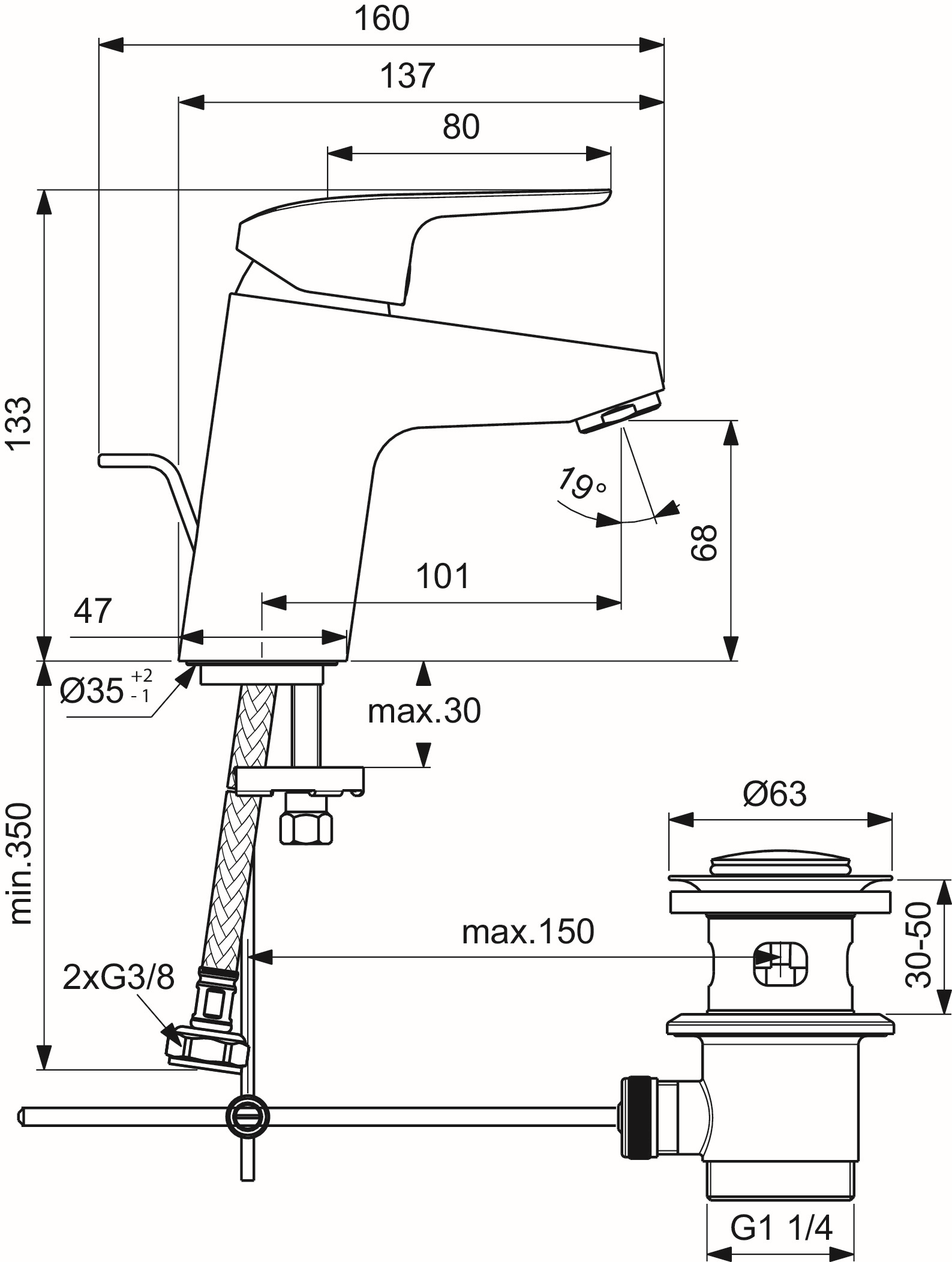 Ideal-Standard Waschtisch-Einhebelmischer CeraFlex mit Metall-Ablaufgarnitur, Ausladung 101mm, chrom