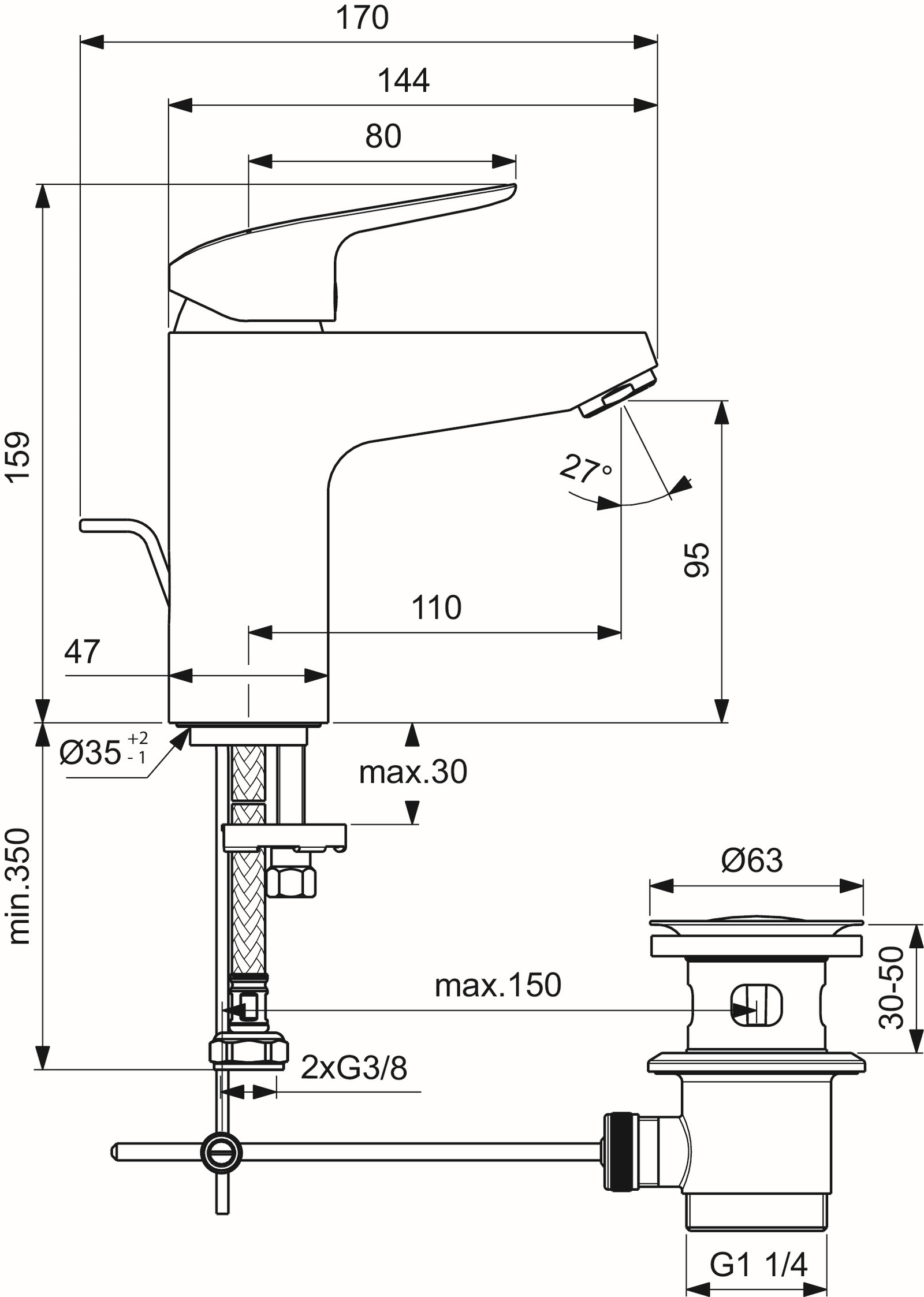 Ideal-Standard Waschtisch-Einhebelmischer CeraFlex Grande mit Ablaufgarnitur, Ausladung 110mm, chrom