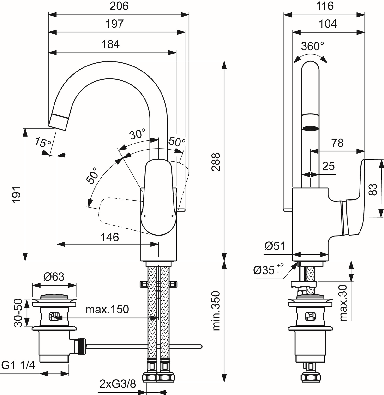 Ideal-Standard Waschtisch-Einhebelmischer CeraFlex mit hohem/schwenkbarem Auslauf, mit Ablaufgarnitur, chrom