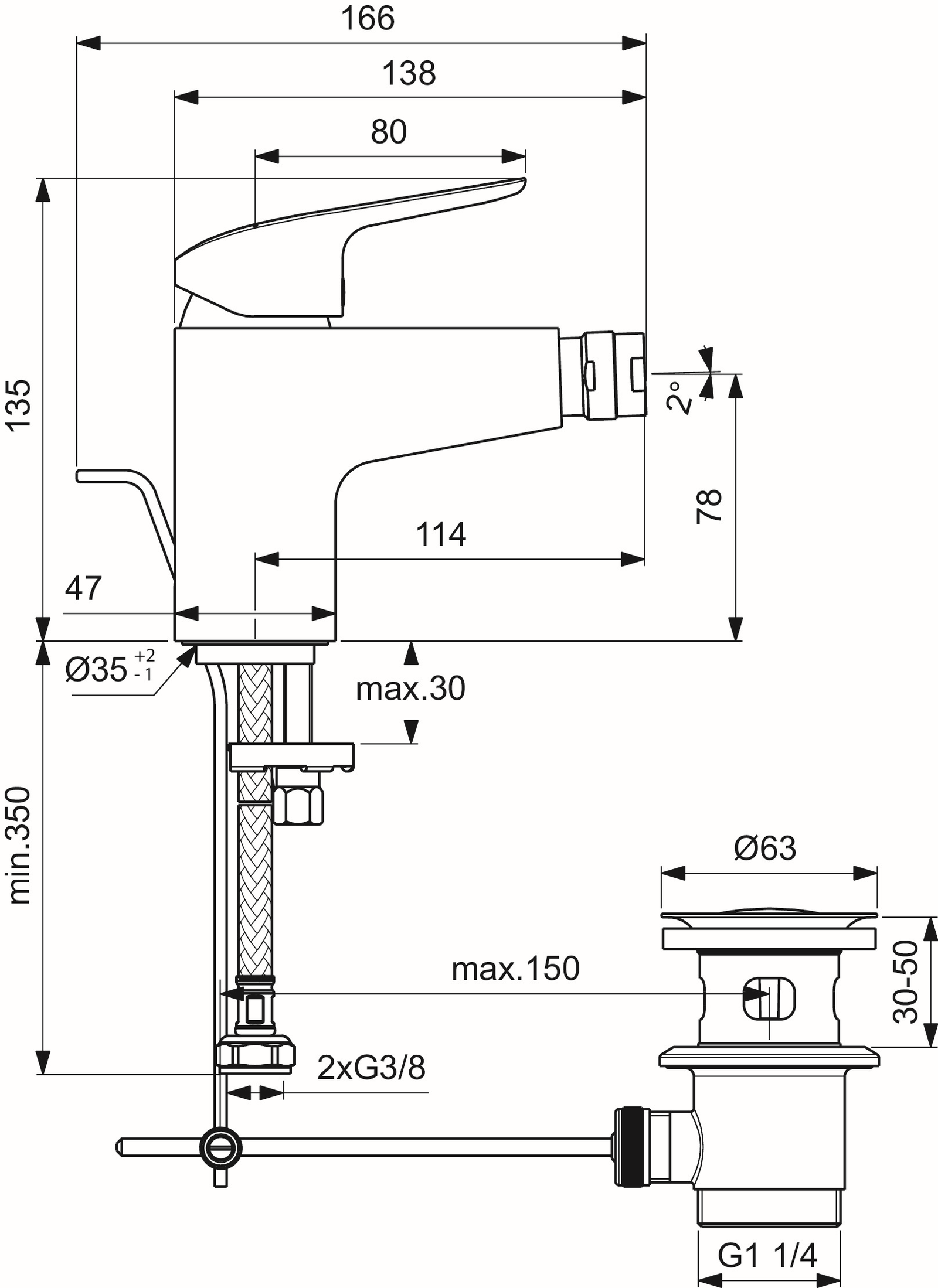 Ideal-Standard Bidet-Einhebelmischer CeraFlex mit Kunststoff-Ablaufgarnitur, Ausladung 114mm, chrom