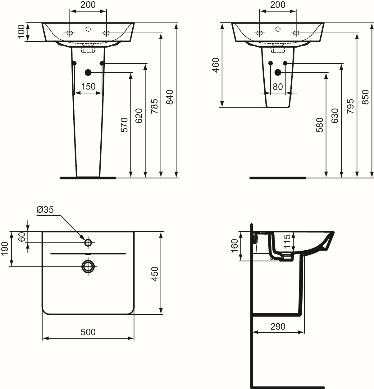 Ideal-Standard Waschtisch Connect Air mit Hahnloch und Überlauf, 50x45x16cm, weiß